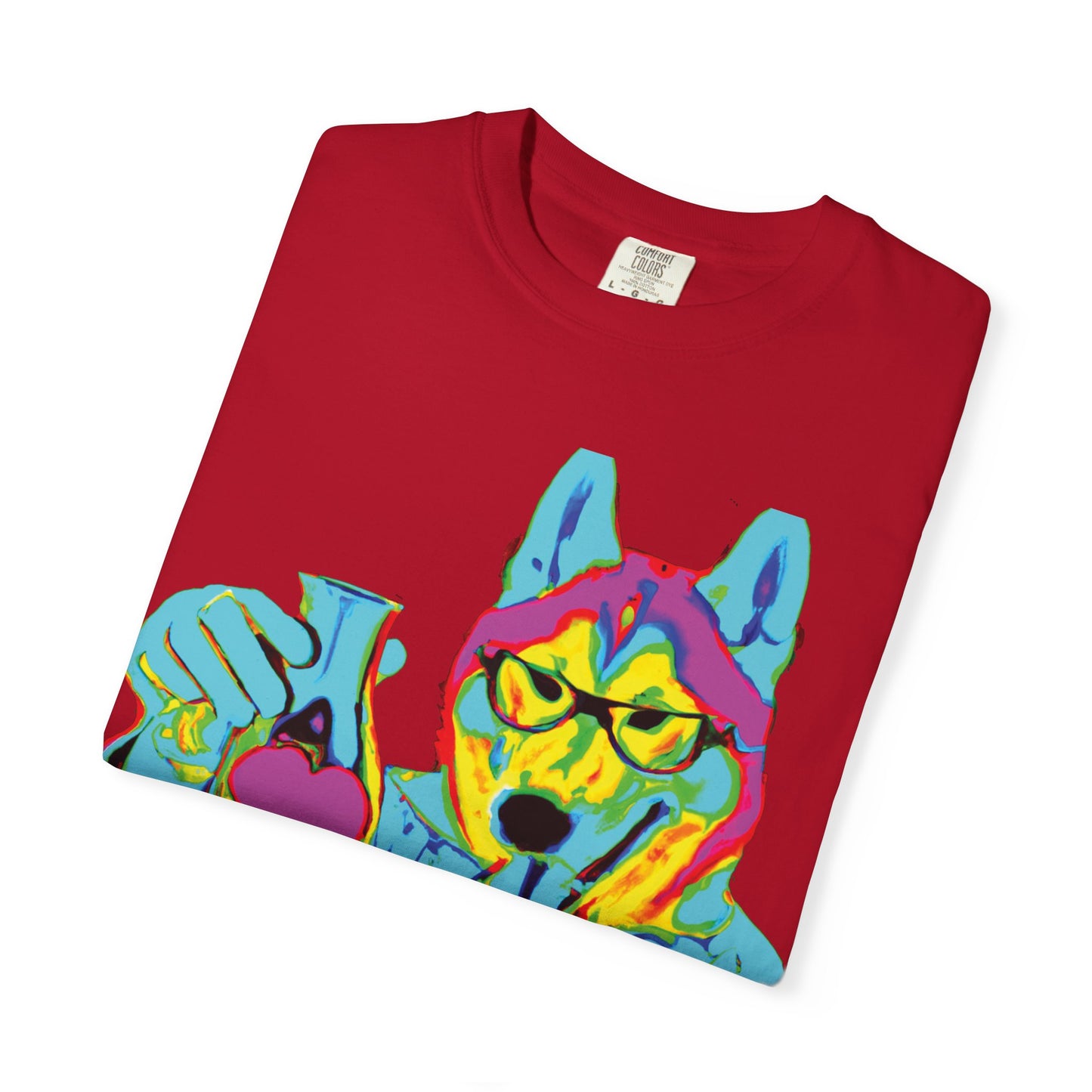 Psychedelic Husky Graphic T-Shirt — Colorful Scientist Dog Design