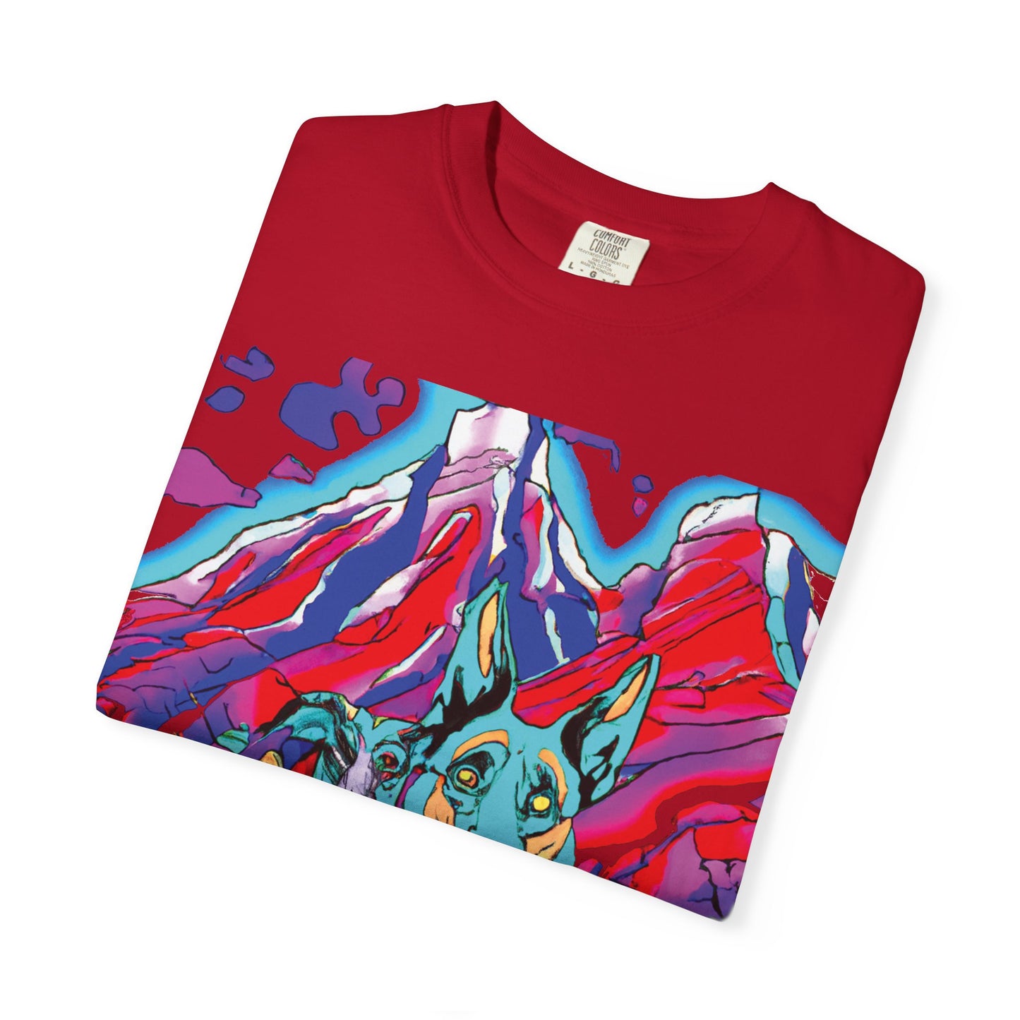 Psychedelic Mountain German Shepherd T-Shirt — Colorful Graphic Tee with Bold Back Script