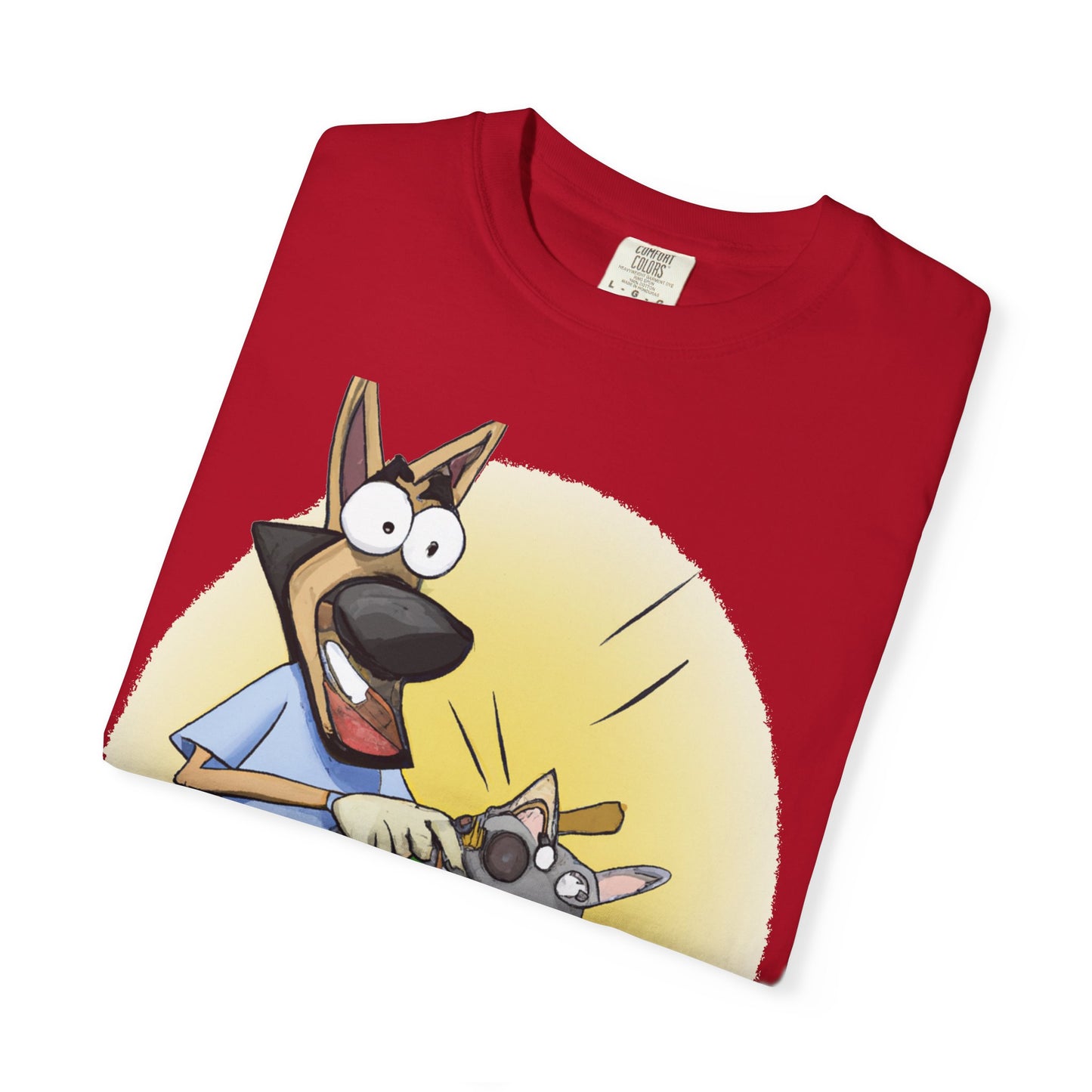 Funny Vet Dog T-Shirt — Cartoon Dog Grooming with 'PLuROUT.com' Back Print