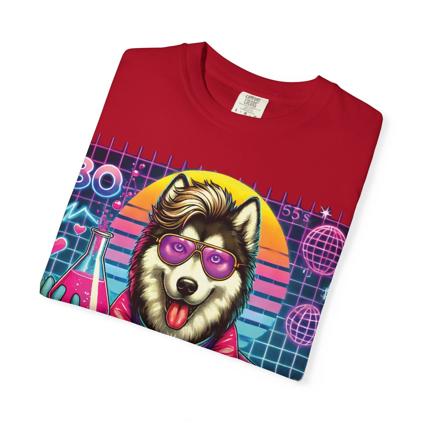 Retro Husky Scientist T-Shirt — Neon 80s Vaporwave Dog Lab Tee