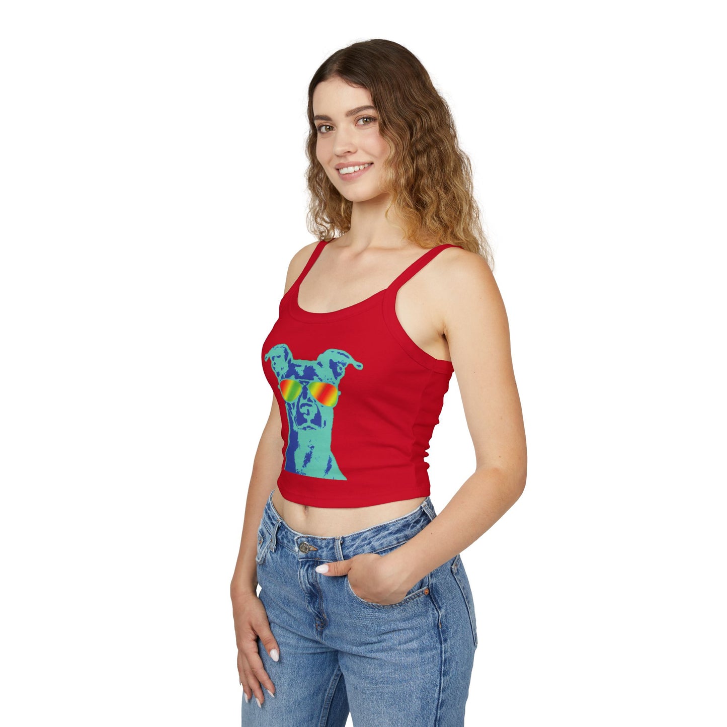 Dog Sunglasses Crop Tank Top — Colorful Summer Pup Graphic
