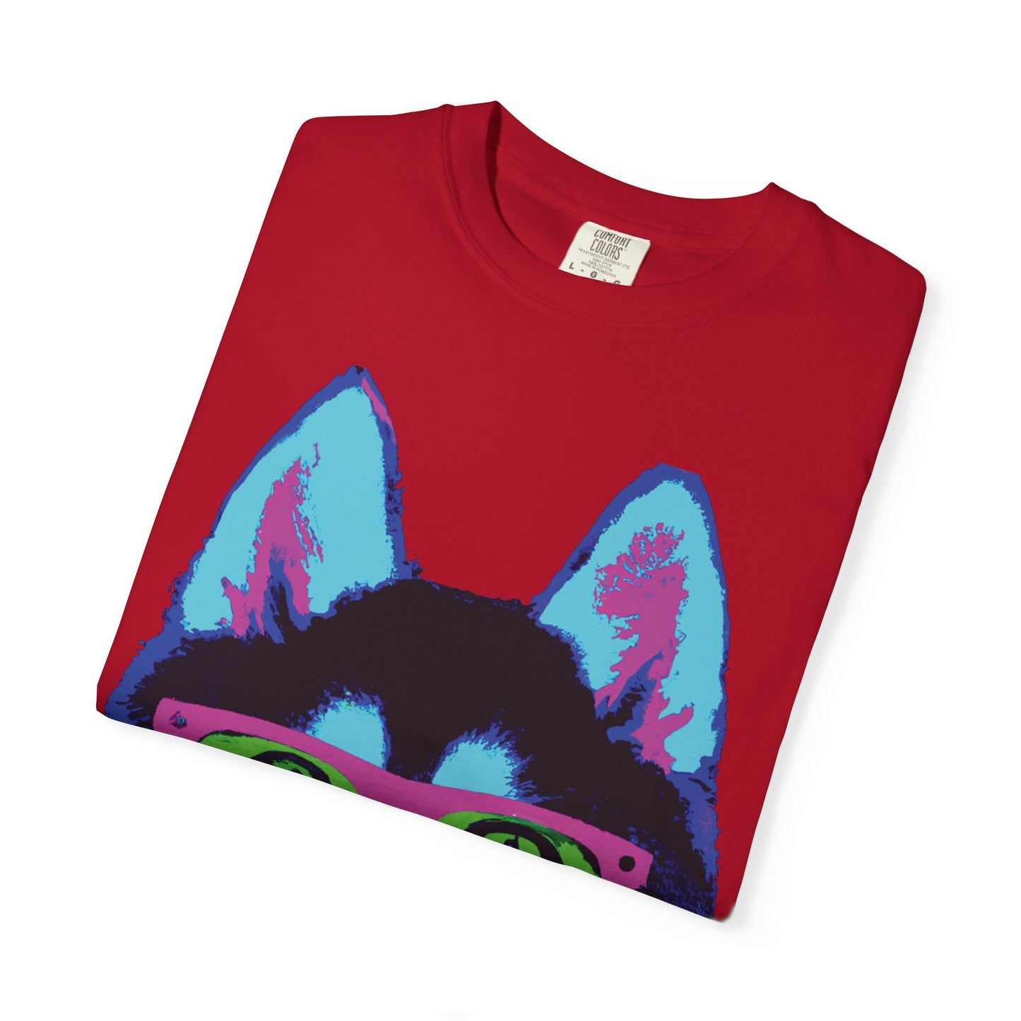 Pop Art Husky T-Shirt — Colorful Dog Face with Sunglasses, Back 'PLURout.com' Graphic