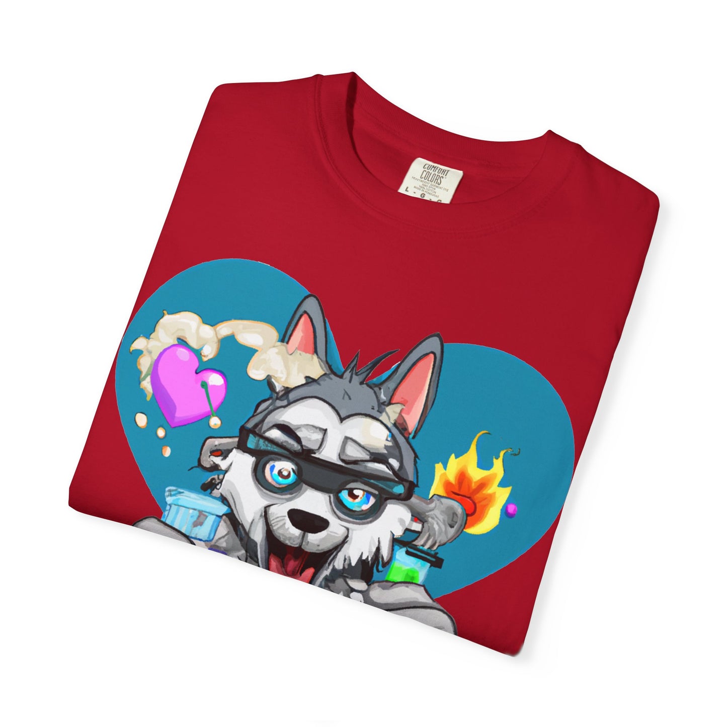 Mad Scientist Wolf T-Shirt — Cute Lab Husky with Beakers (PlurOut.com Back Print)