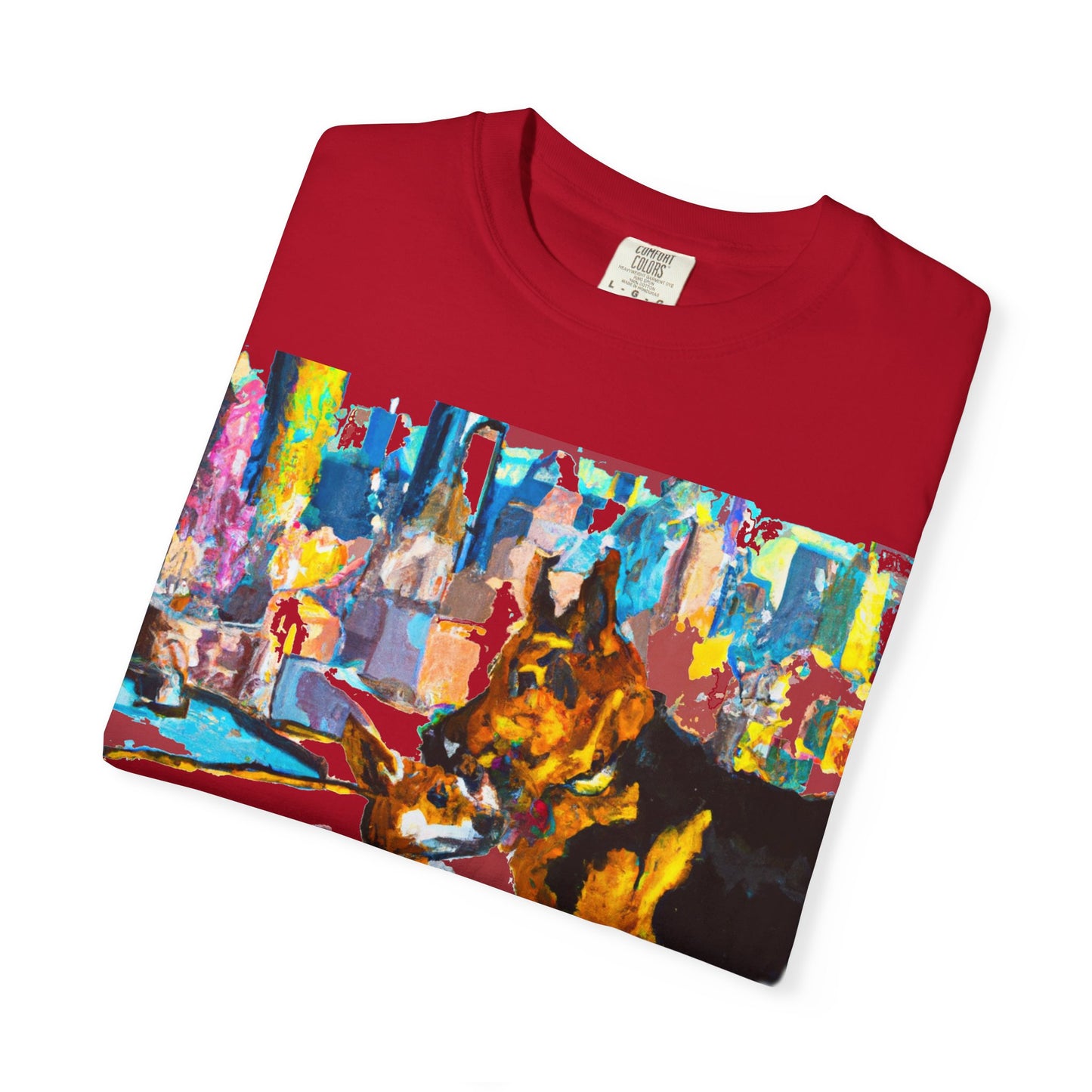 Dog Art T-Shirt — Colorful Urban Canine Print (Back Logo "PLUKOUT.com")