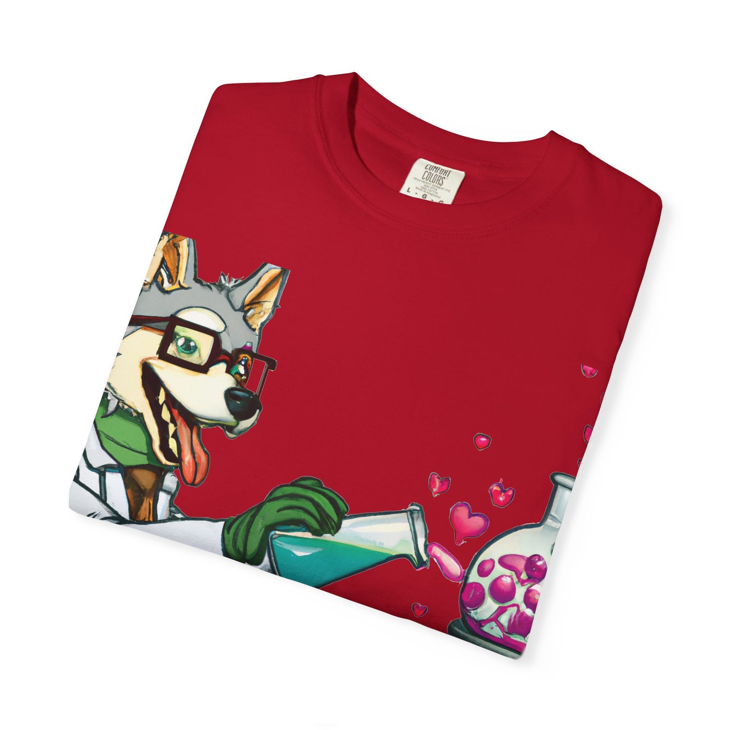 Chemist Dog T-Shirt — Cute Lab Scientist Pouring Love (Plurout.com Back Print)