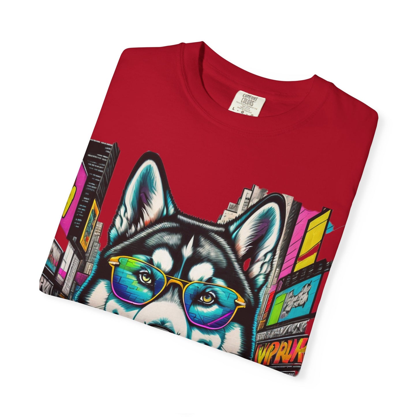 Husky City Vibes T‑Shirt — Neon Sunglasses Street Art Tee