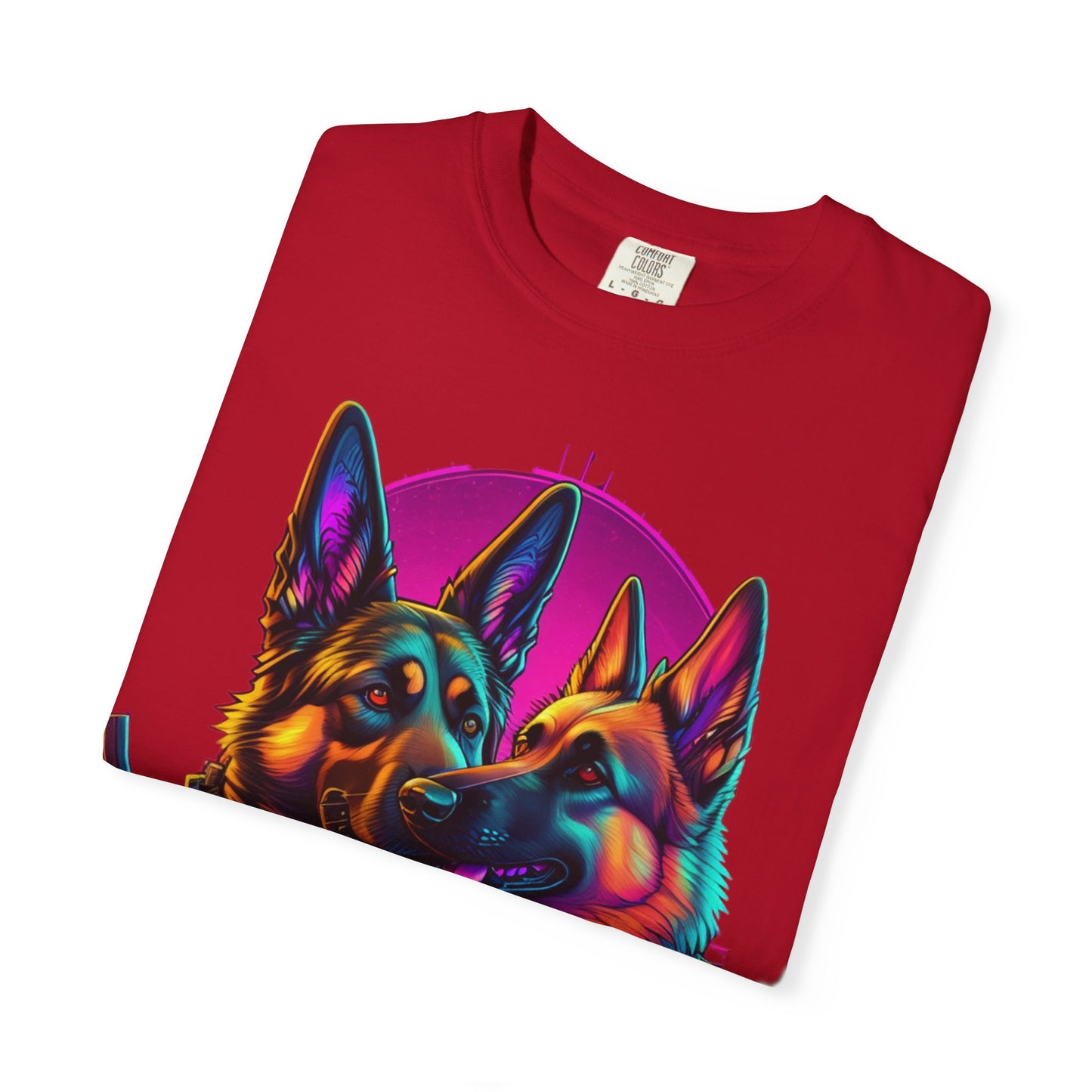 German Shepherd Duo T‑Shirt — Neon Retro K9 Art