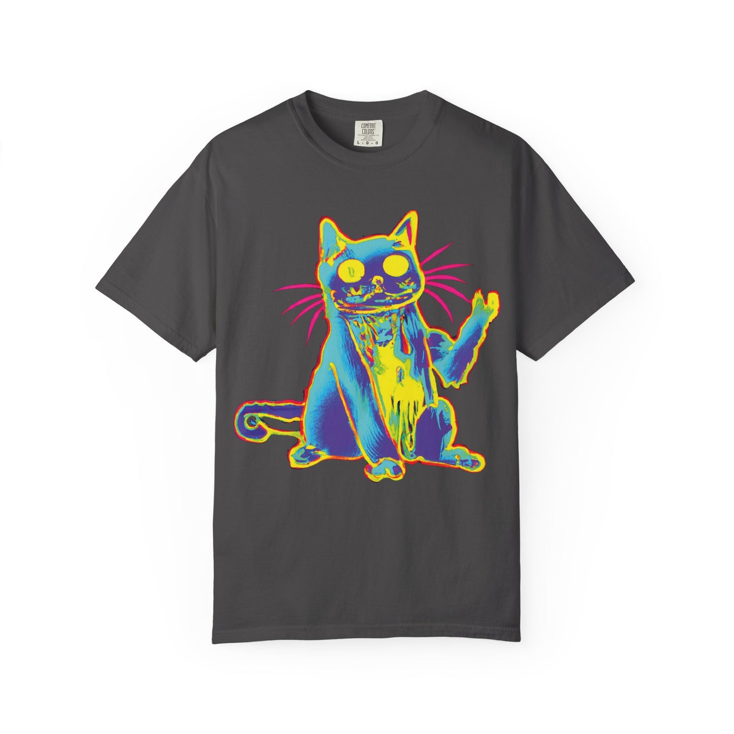 Psychedelic Cat Graphic T-Shirt — Retro Neon Cat Front + 'PLURR0UT.com' Back