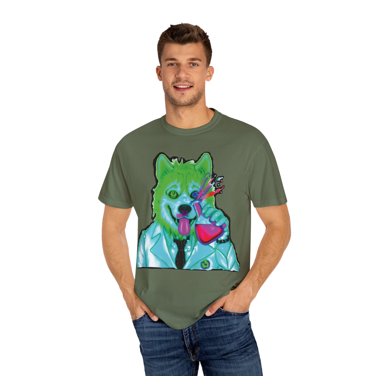 Chemist Wolf Graphic T-Shirt — Green Cartoon Animal Lab Art