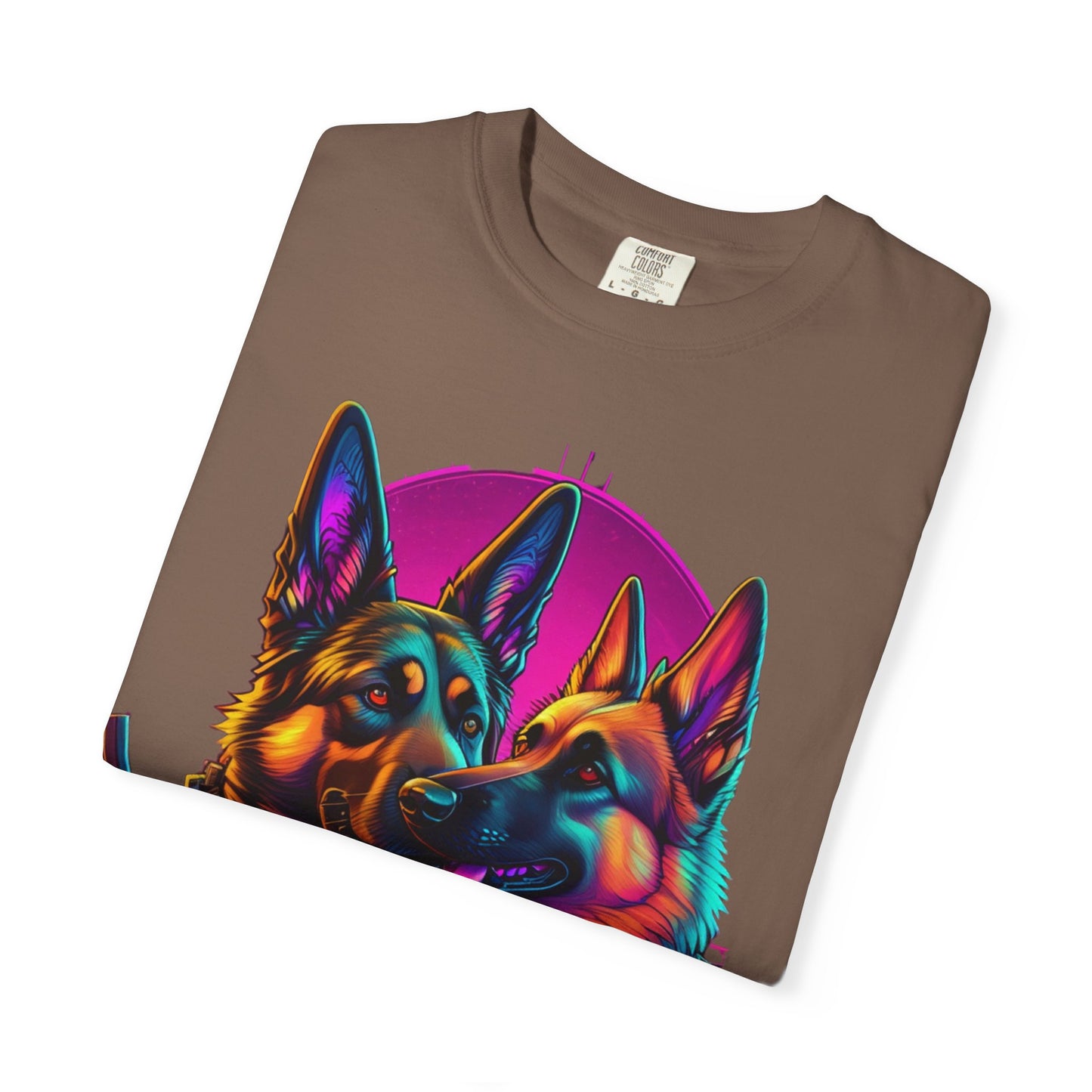 German Shepherd Duo T‑Shirt — Neon Retro K9 Art