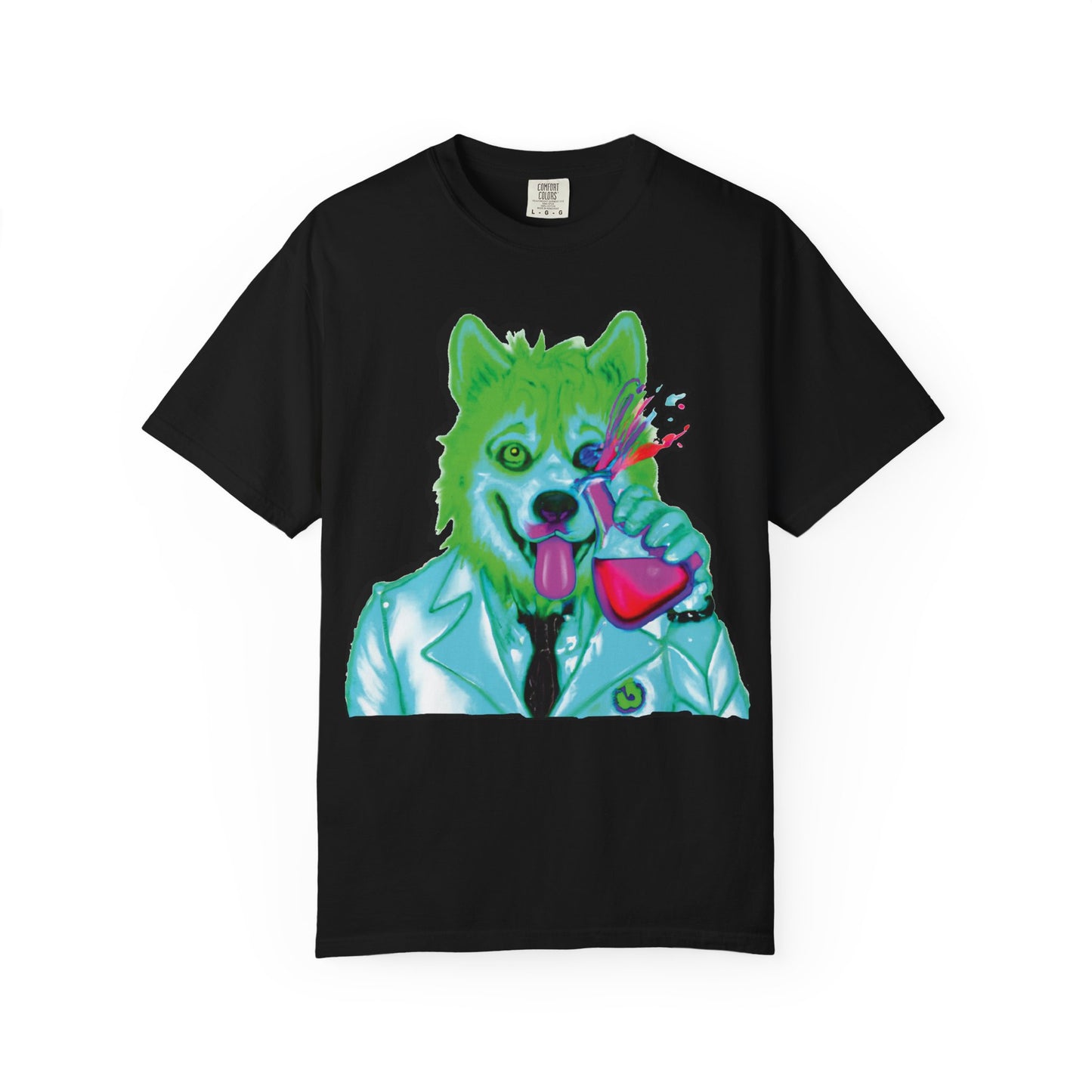 Chemist Wolf Graphic T-Shirt — Green Cartoon Animal Lab Art