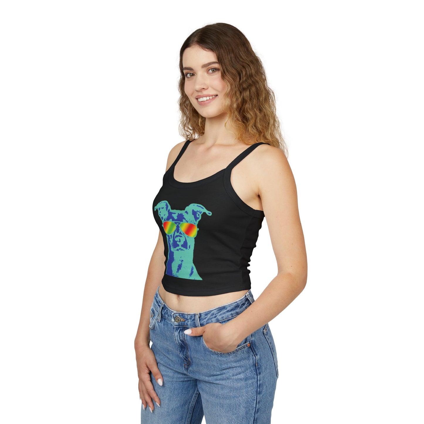 Dog Sunglasses Crop Tank Top — Colorful Summer Pup Graphic