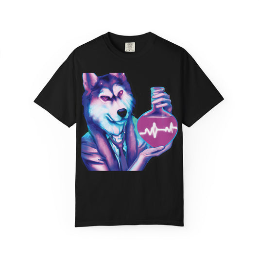 Husky Chemist T-Shirt — Neon Vial Heartbeat Graphic Tee