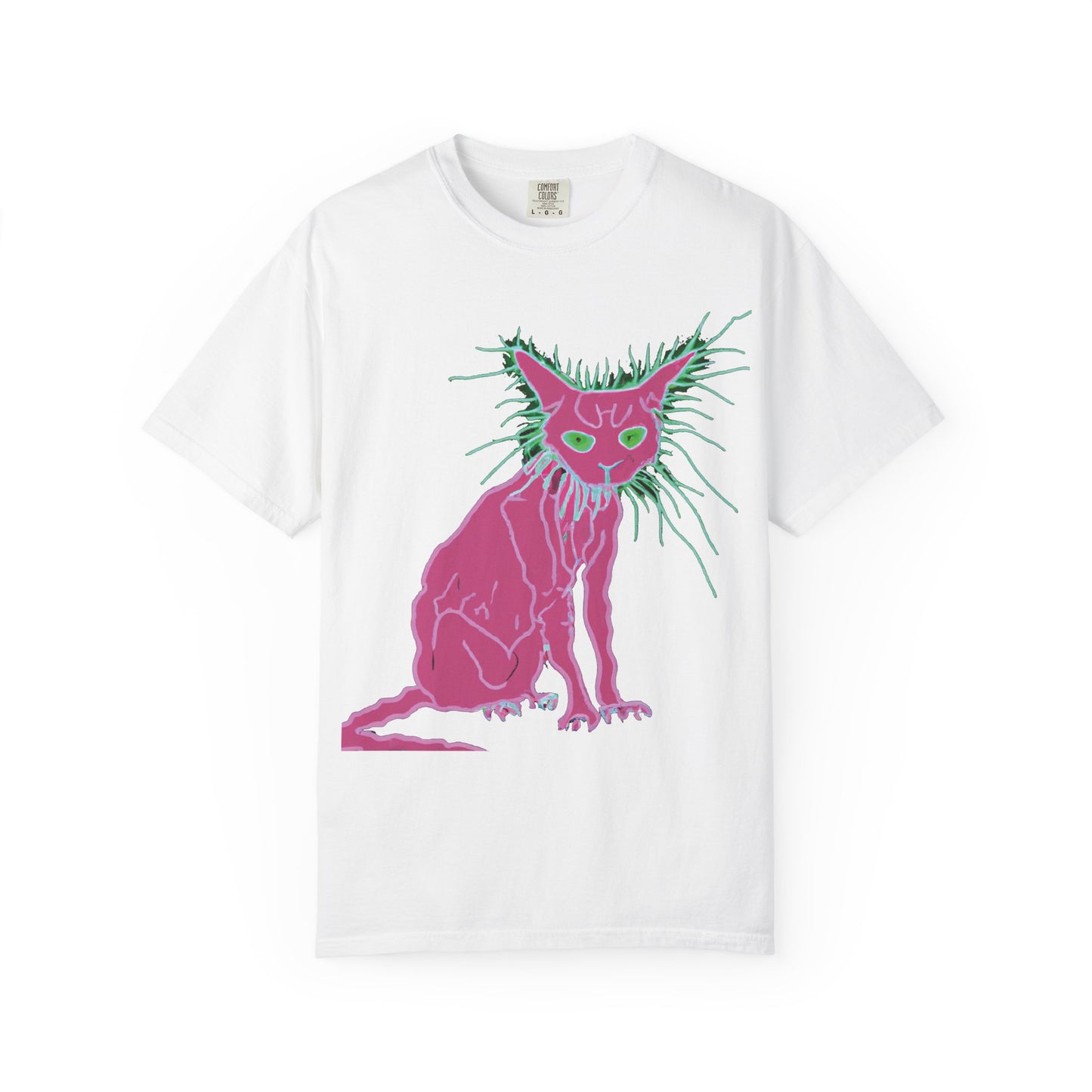 Sphynx Cat Graphic T-Shirt — Neon Pink & Green Punk Cat Design