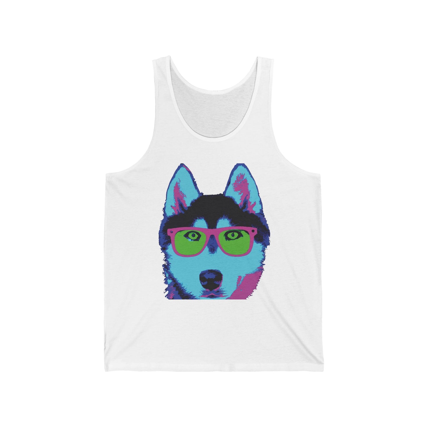 Pop Art Husky Tank Top — Colorful Dog Face Tank with 'Plurout.com' Accent