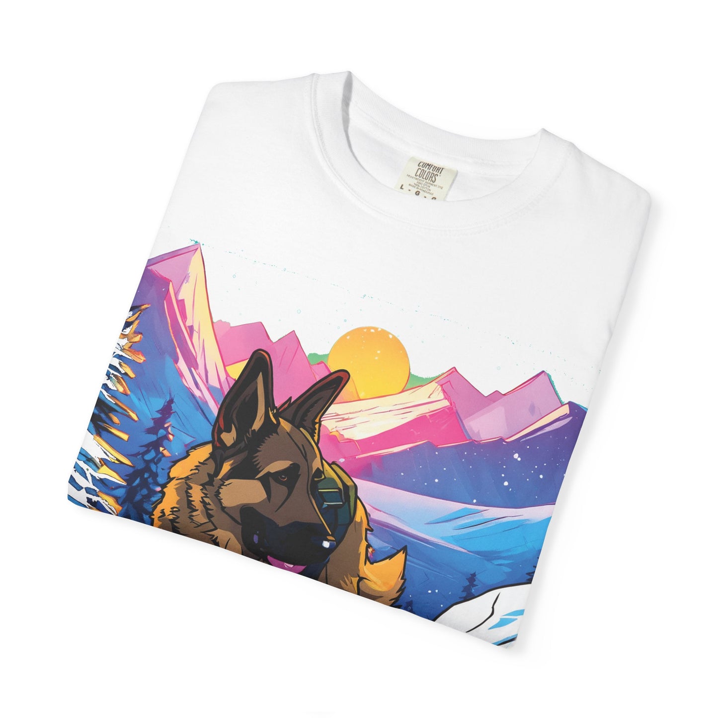 German Shepherd Mountain Sunset T-Shirt — Scenic Dog Graphic Tee