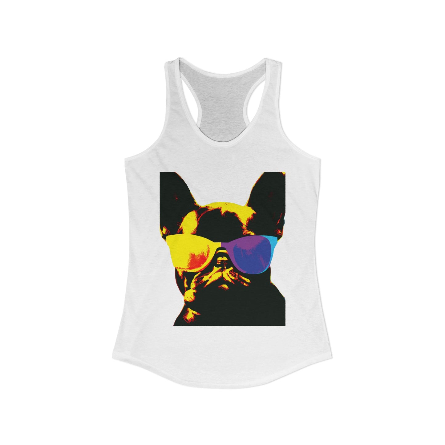 Gold Frenchie Graphic Racerback Tank — "Cool Glasses" French Bulldog Design