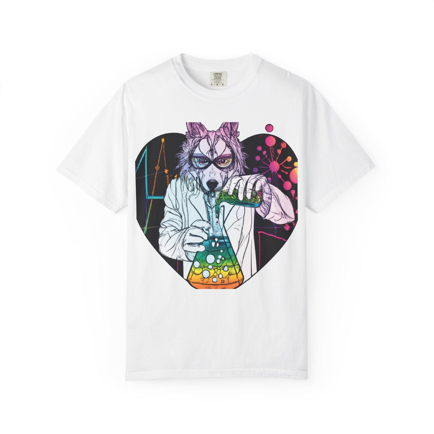 Science Wolf Heart T-Shirt — Colorful Mad Scientist Wolf Graphic Tee