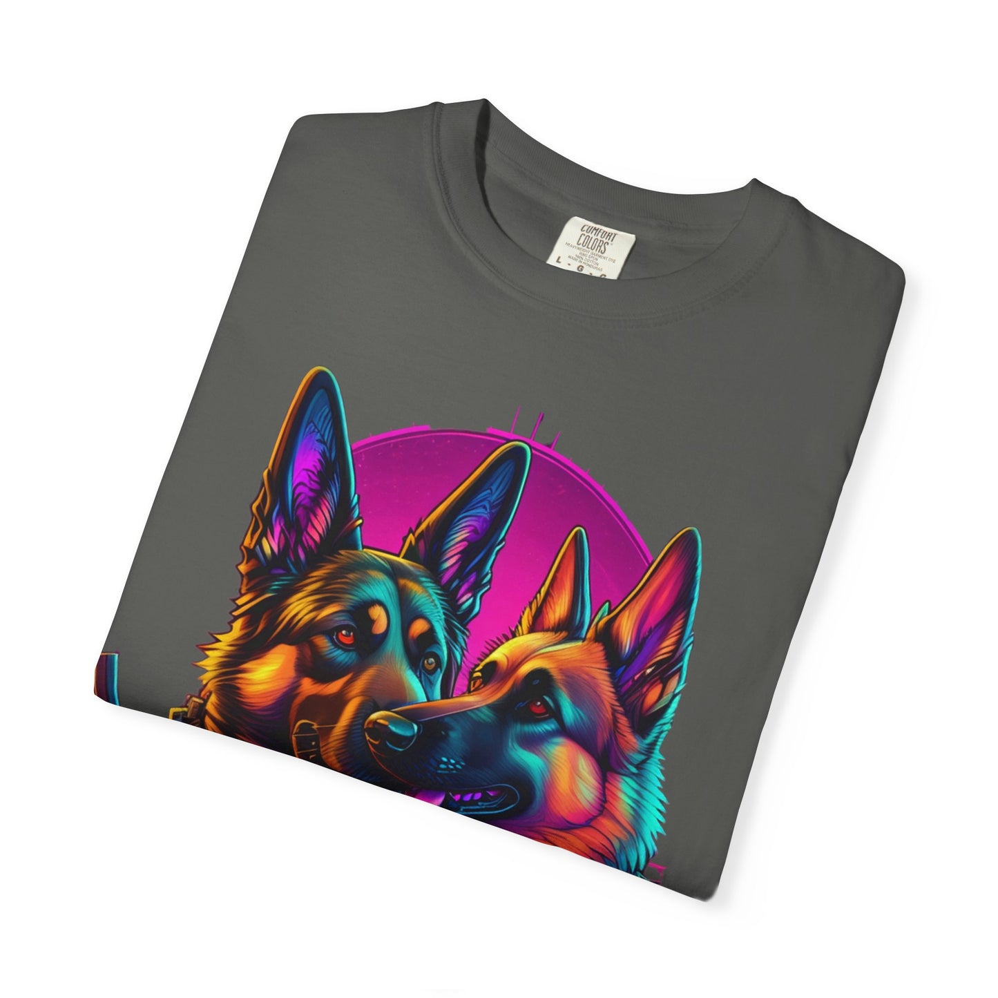 German Shepherd Duo T‑Shirt — Neon Retro K9 Art