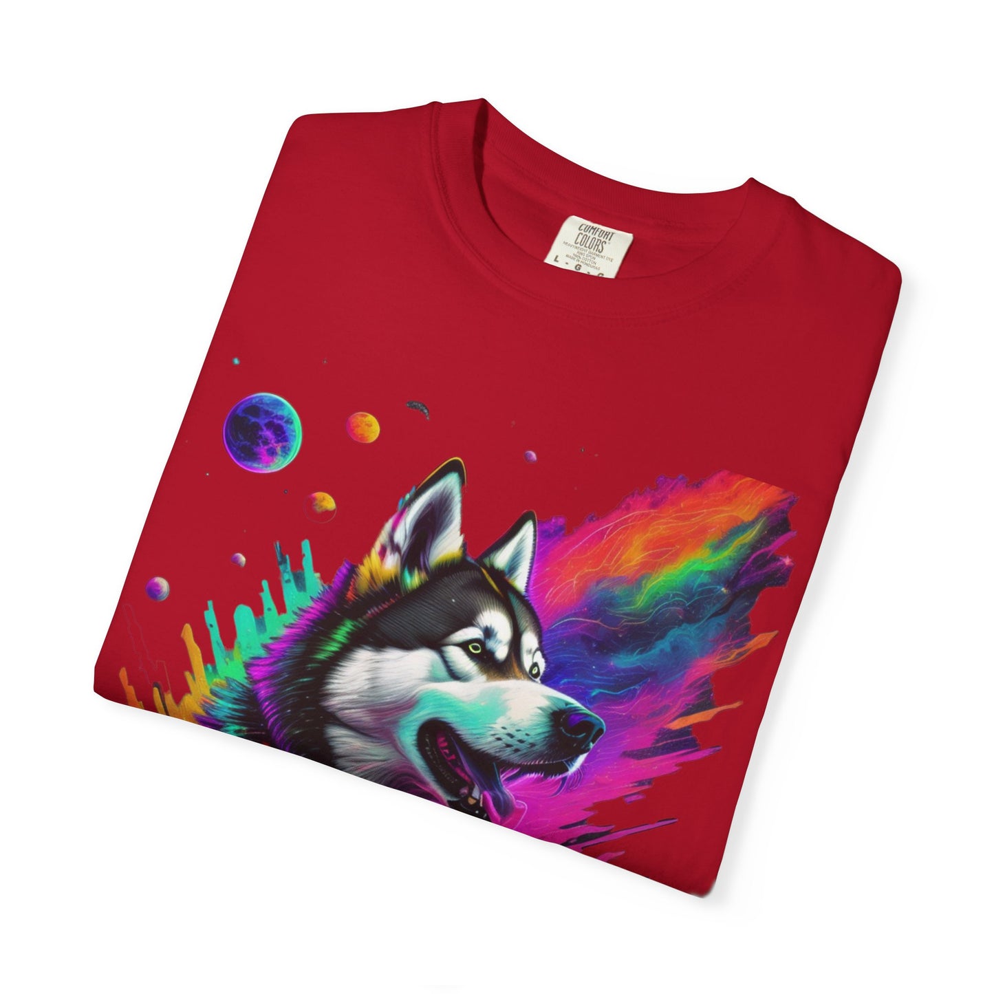 Husky Nebula T-Shirt — Colorful Cosmic Dog Art Tee