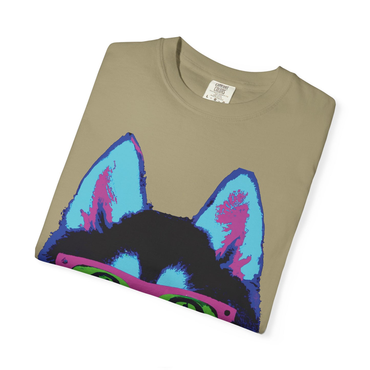 Pop Art Husky T-Shirt — Colorful Dog Face with Sunglasses, Back 'PLURout.com' Graphic