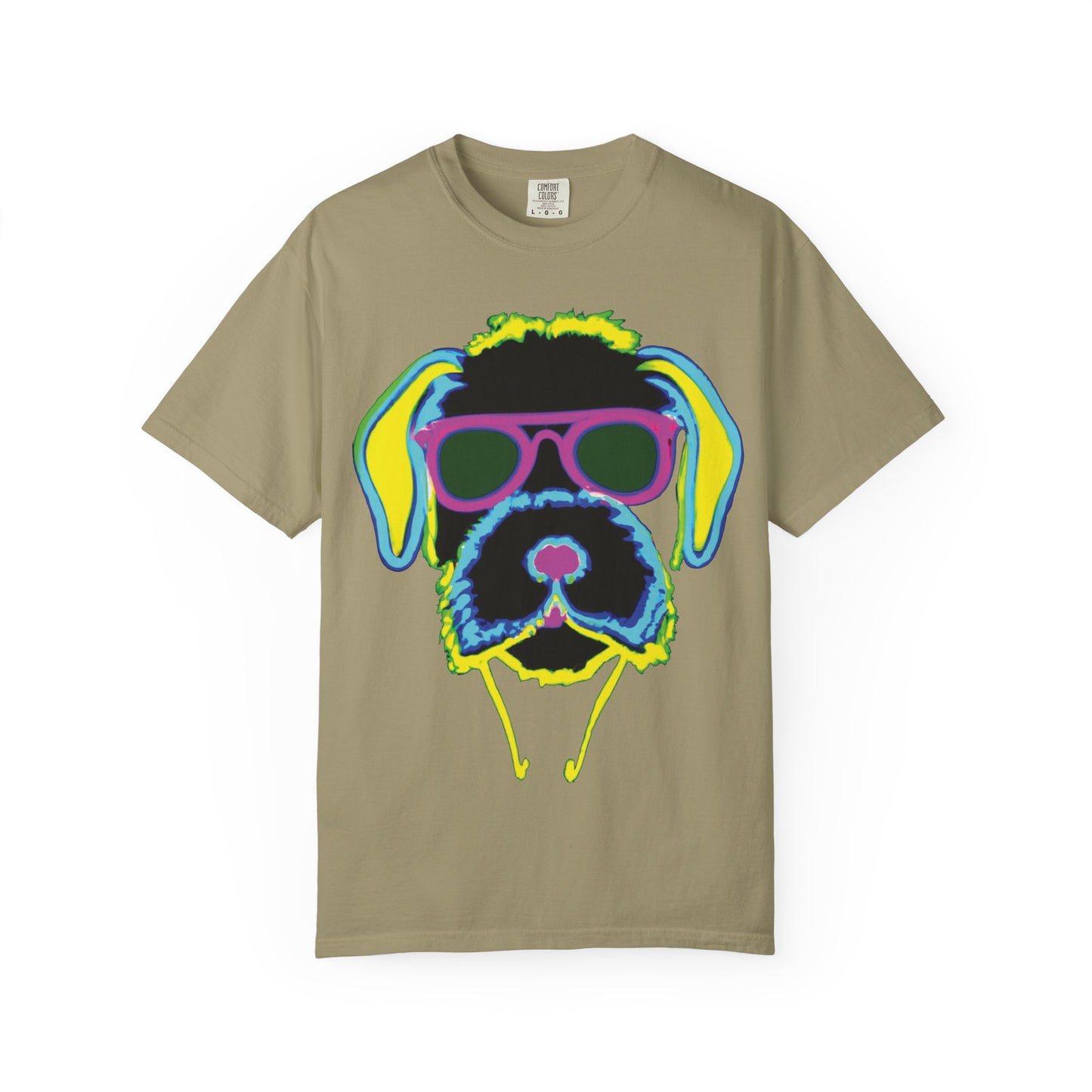 Neon Cool Dog Graphic T-Shirt — Sunglasses Pup Tee with PlurOut Backprint
