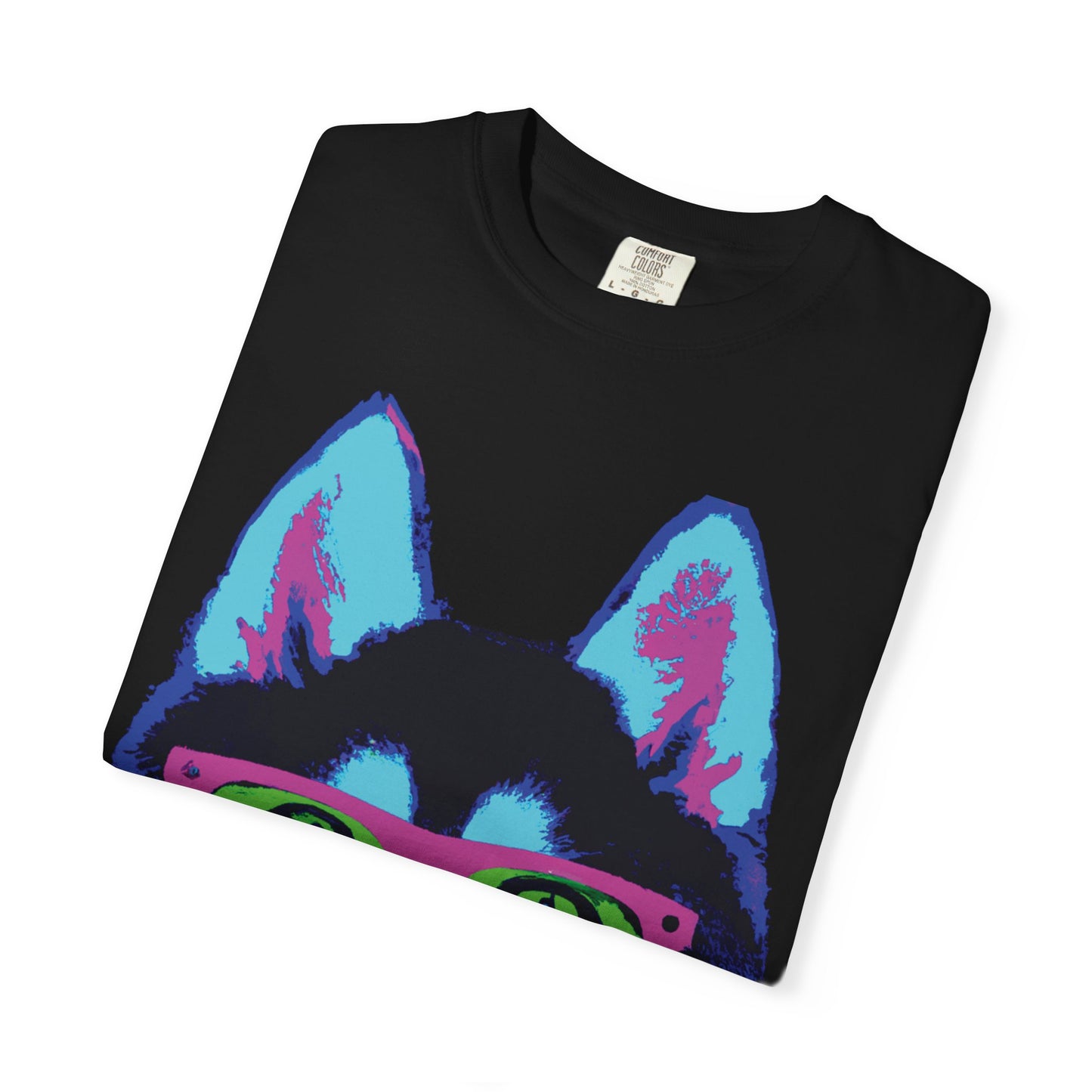 Pop Art Husky T-Shirt — Colorful Dog Face with Sunglasses, Back 'PLURout.com' Graphic