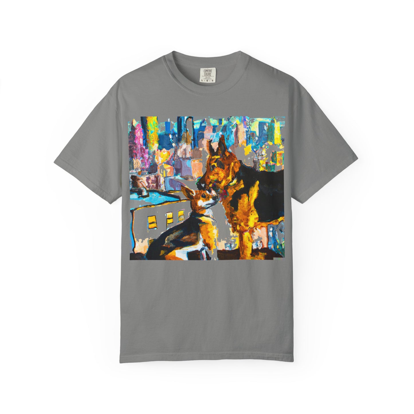 Dog Art T-Shirt — Colorful Urban Canine Print (Back Logo "PLUKOUT.com")