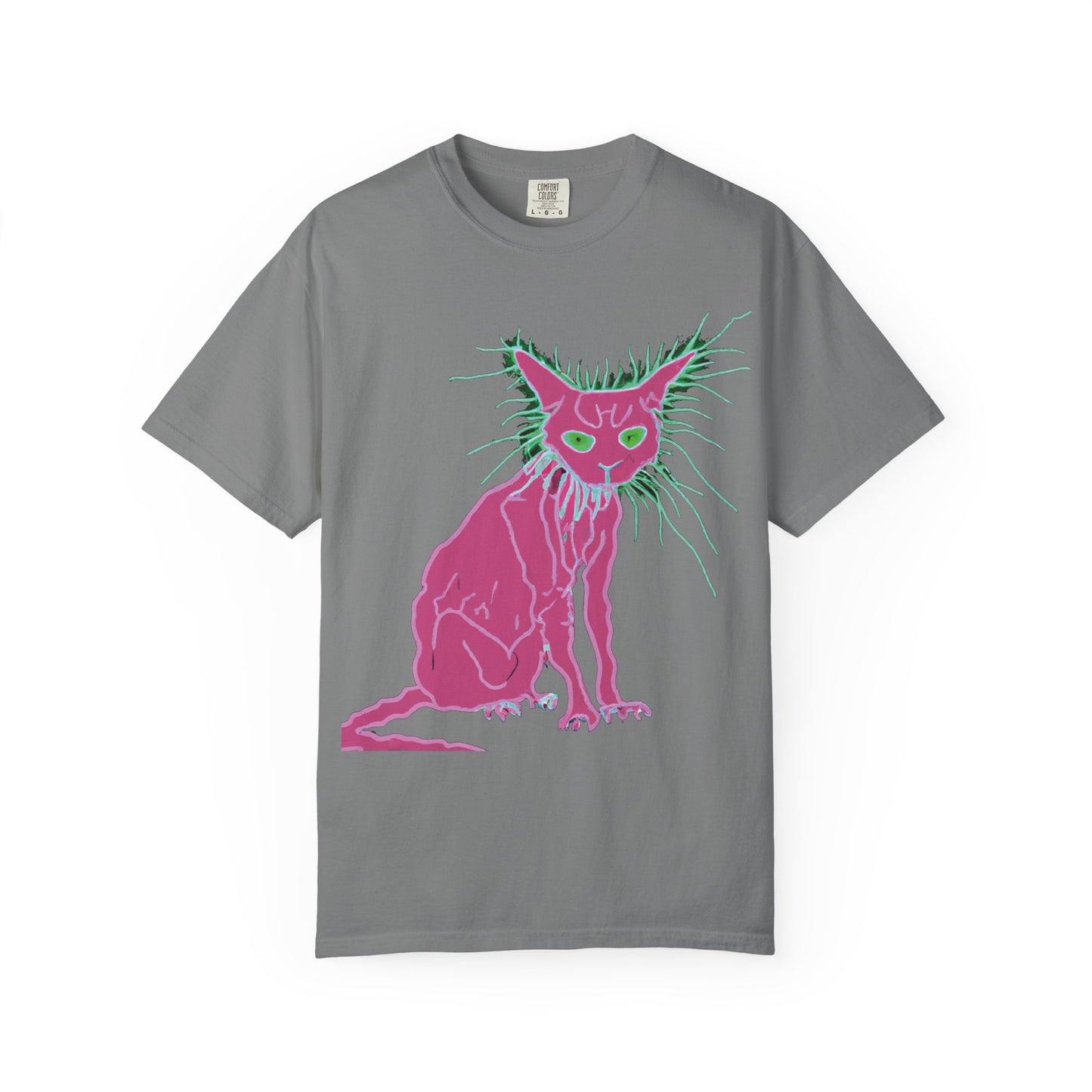 Sphynx Cat Graphic T-Shirt — Neon Pink & Green Punk Cat Design