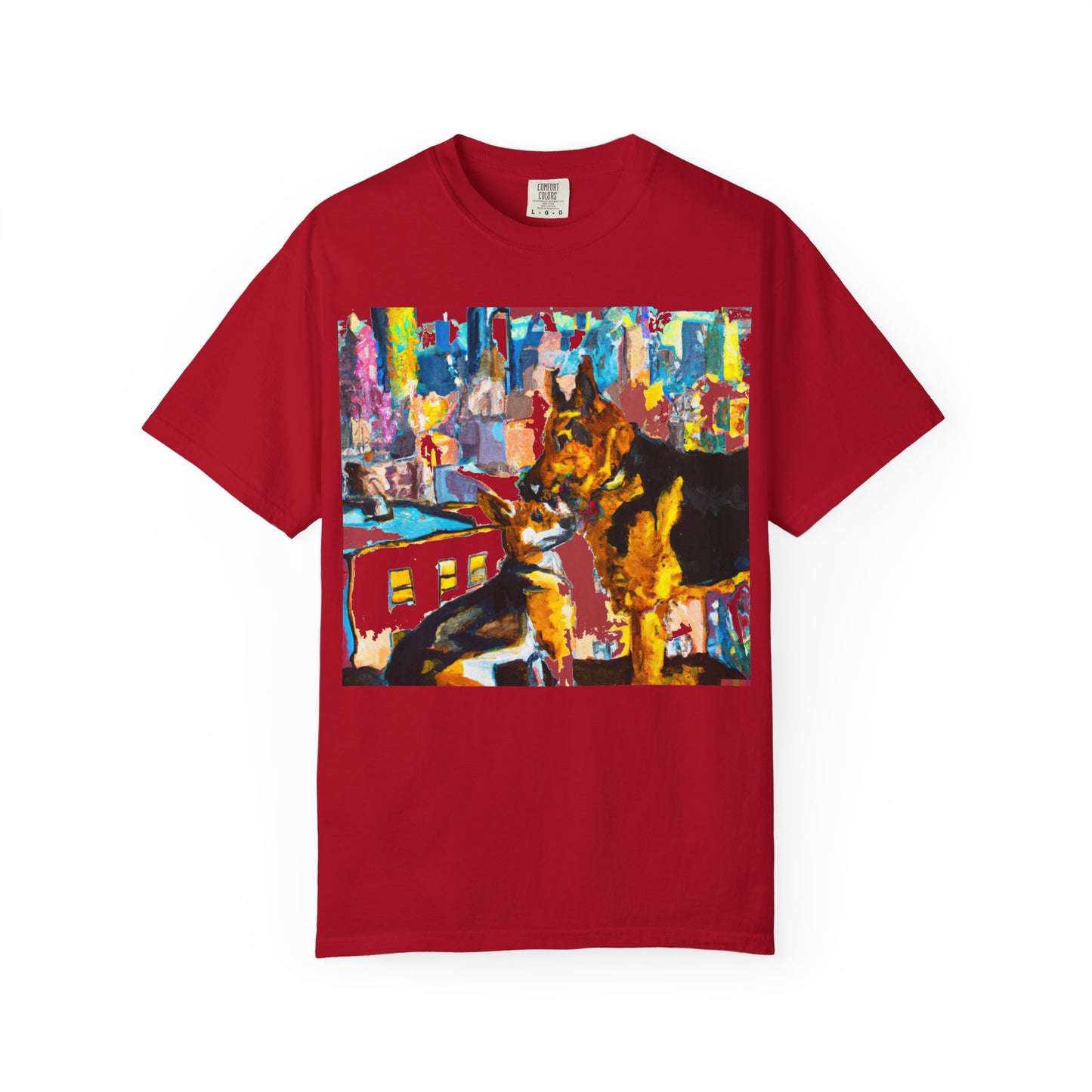 Dog Art T-Shirt — Colorful Urban Canine Print (Back Logo "PLUKOUT.com")