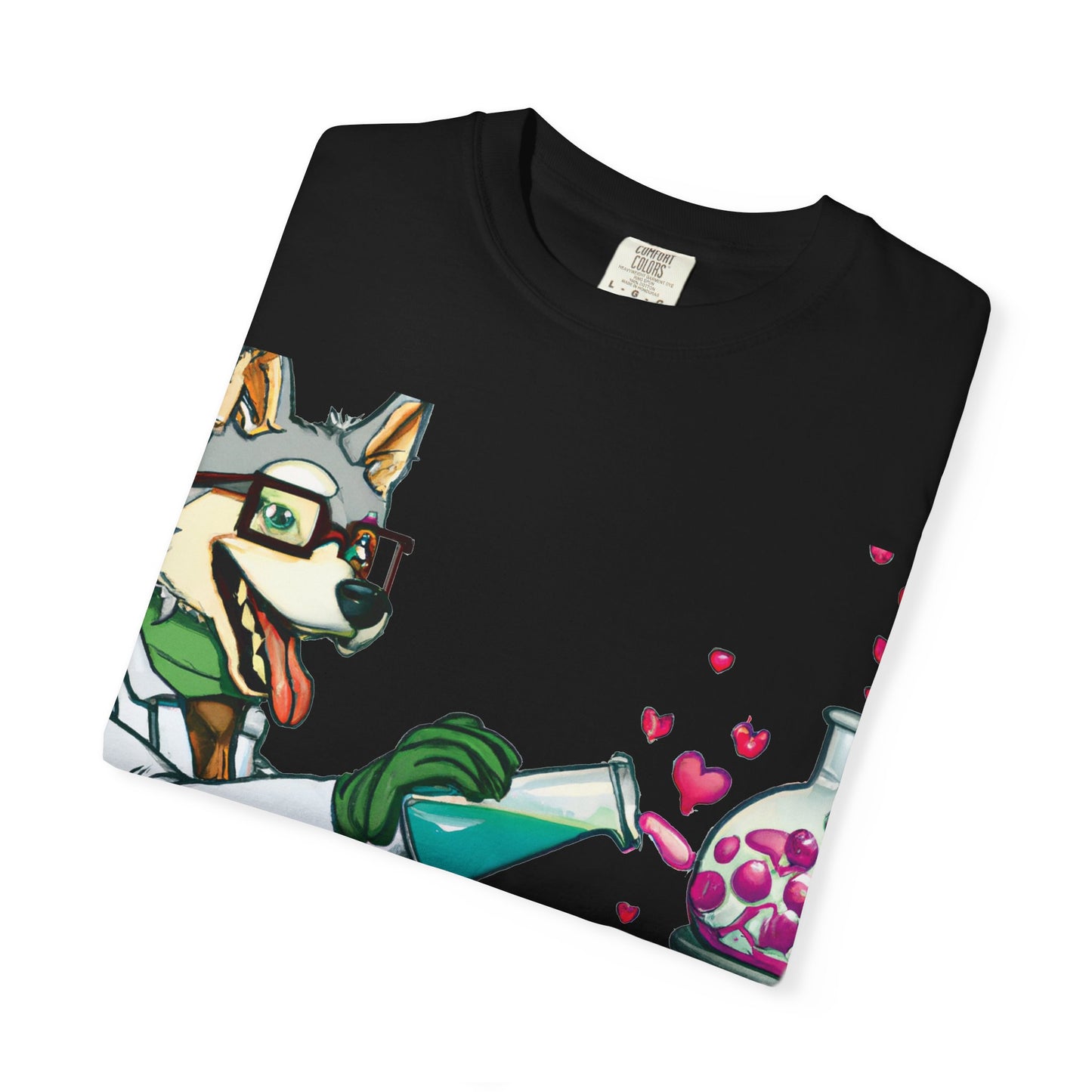 Chemist Dog T-Shirt — Cute Lab Scientist Pouring Love (Plurout.com Back Print)