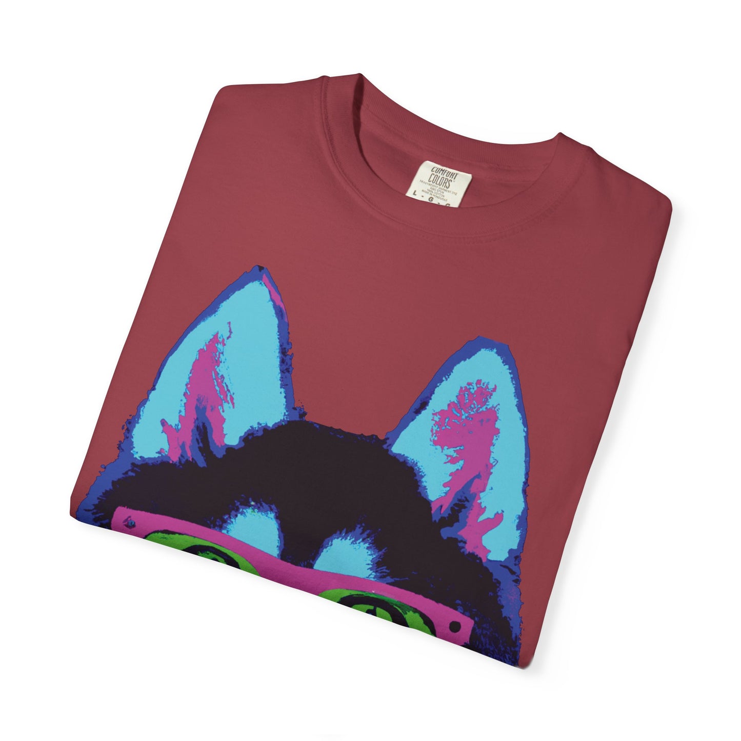 Pop Art Husky T-Shirt — Colorful Dog Face with Sunglasses, Back 'PLURout.com' Graphic