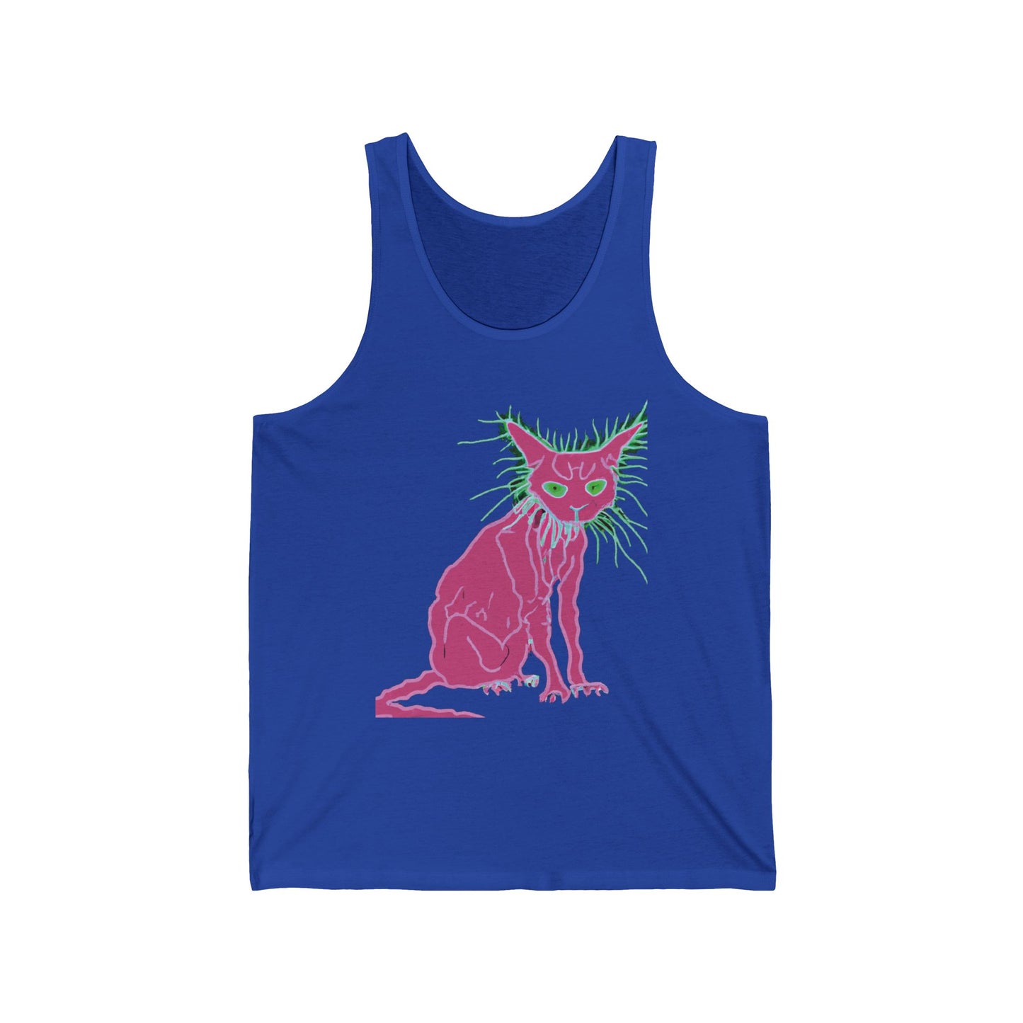 Sphynx Cat Neon Graphic Tank Top — Retro Pink & Green Hairless Cat Design