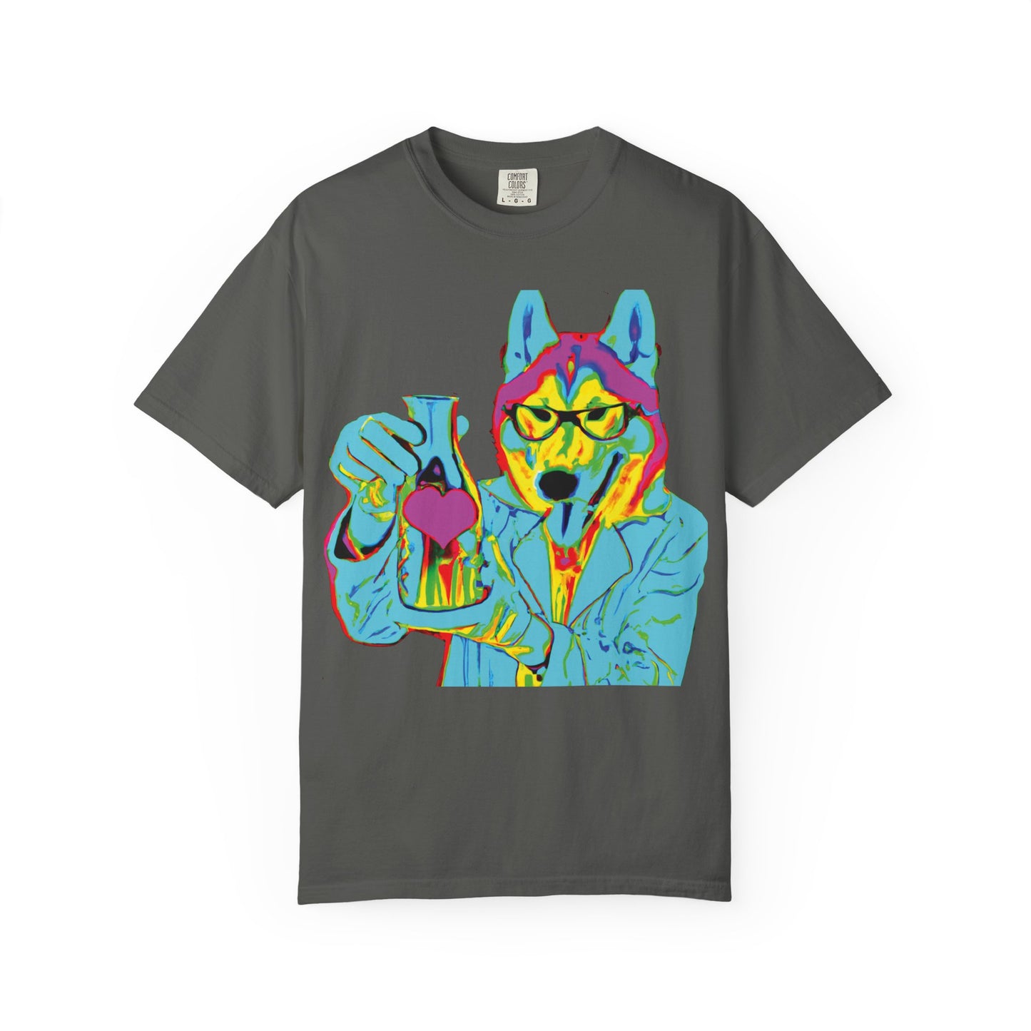 Psychedelic Husky Graphic T-Shirt — Colorful Scientist Dog Design