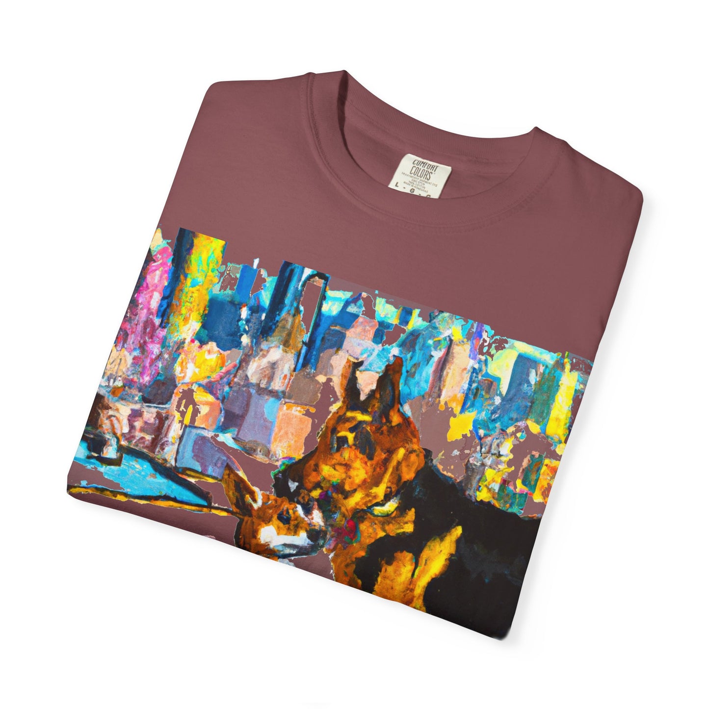 Dog Art T-Shirt — Colorful Urban Canine Print (Back Logo "PLUKOUT.com")