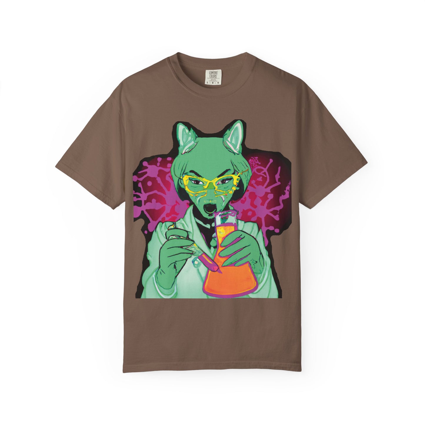 Psychedelic Fox Chemist T-Shirt — Green Fox with Beaker Graphic