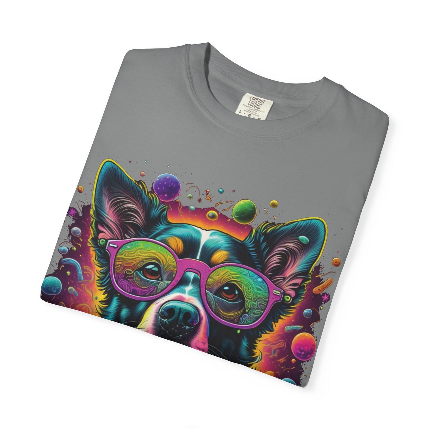Psychedelic Dog Graphic T-Shirt — Vibrant Neon Pup Art Tee