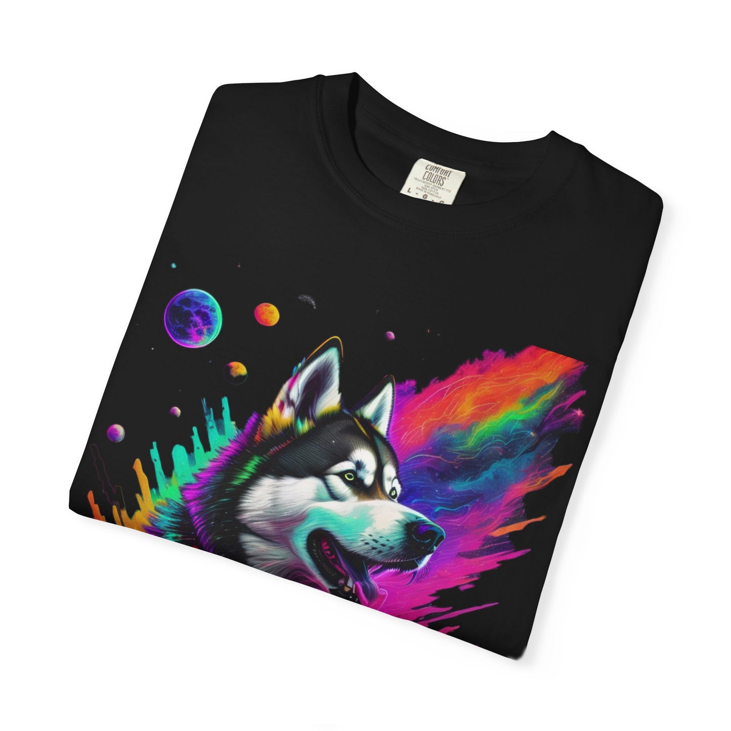 Husky Nebula T-Shirt — Colorful Cosmic Dog Art Tee