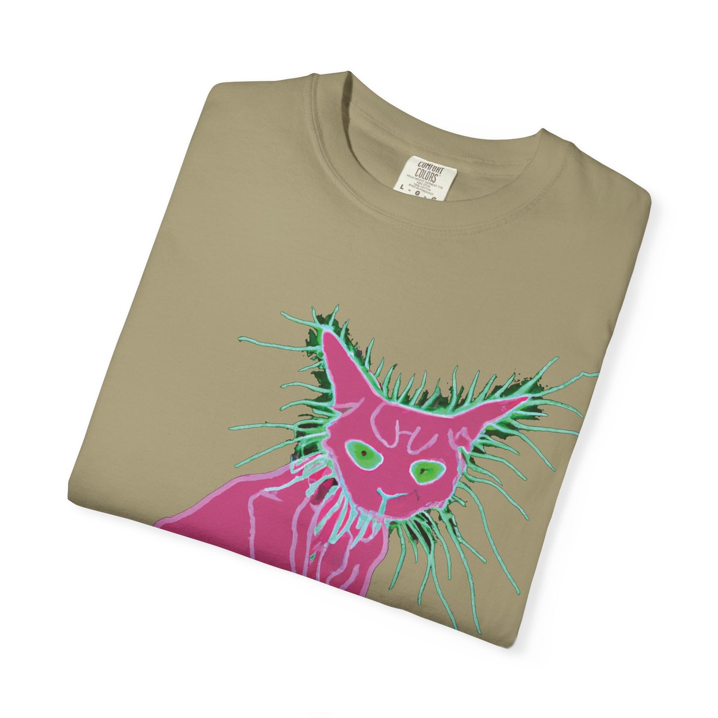 Sphynx Cat Graphic T-Shirt — Neon Pink & Green Punk Cat Design