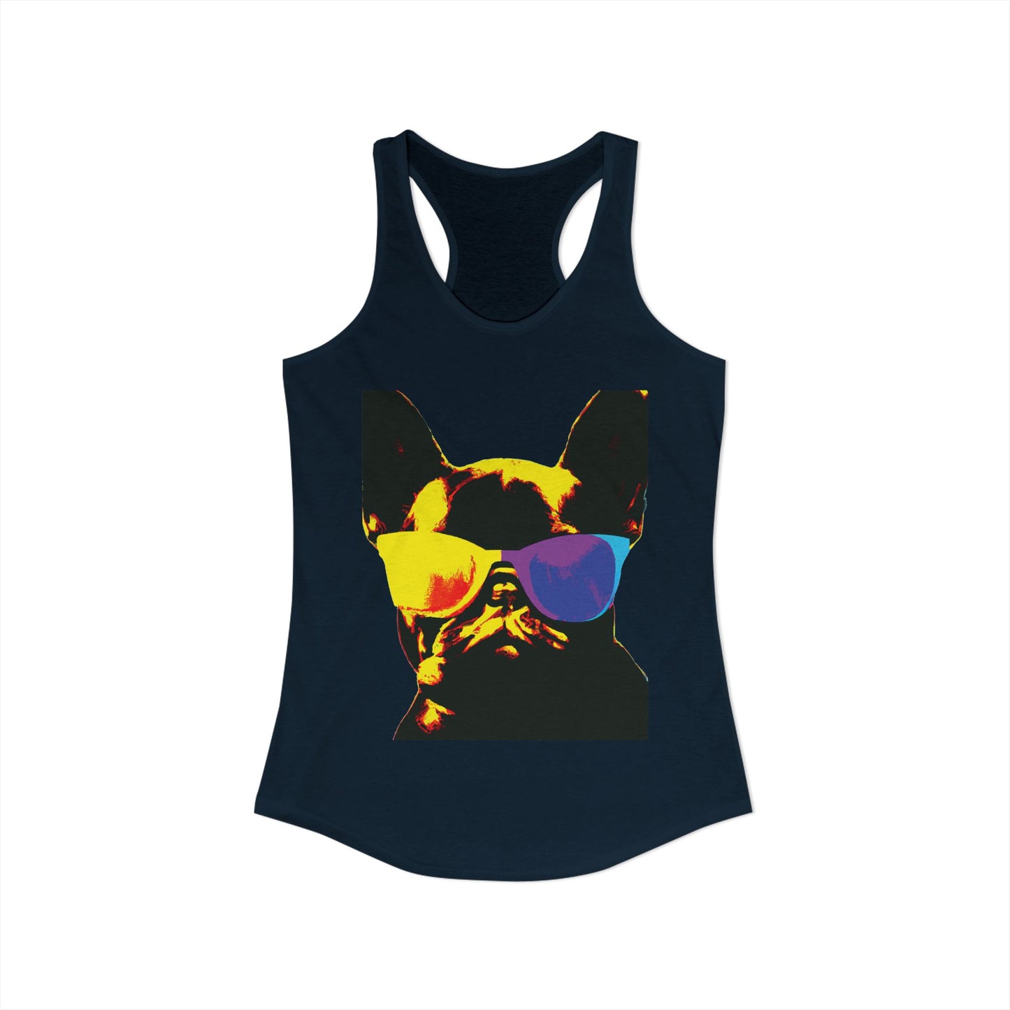 Gold Frenchie Graphic Racerback Tank — "Cool Glasses" French Bulldog Design