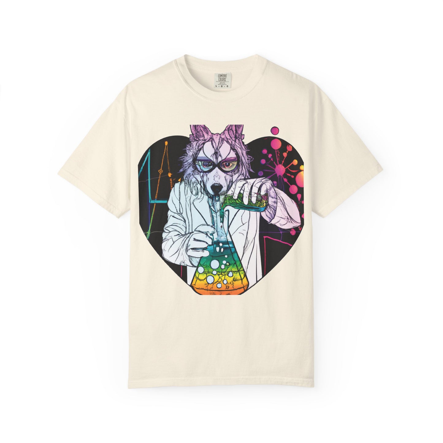 Science Wolf Heart T-Shirt — Colorful Mad Scientist Wolf Graphic Tee