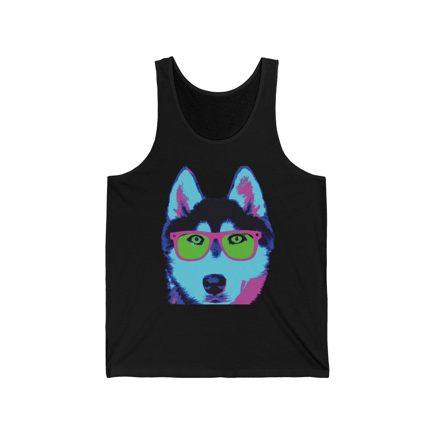 Pop Art Husky Tank Top — Colorful Dog Face Tank with 'Plurout.com' Accent