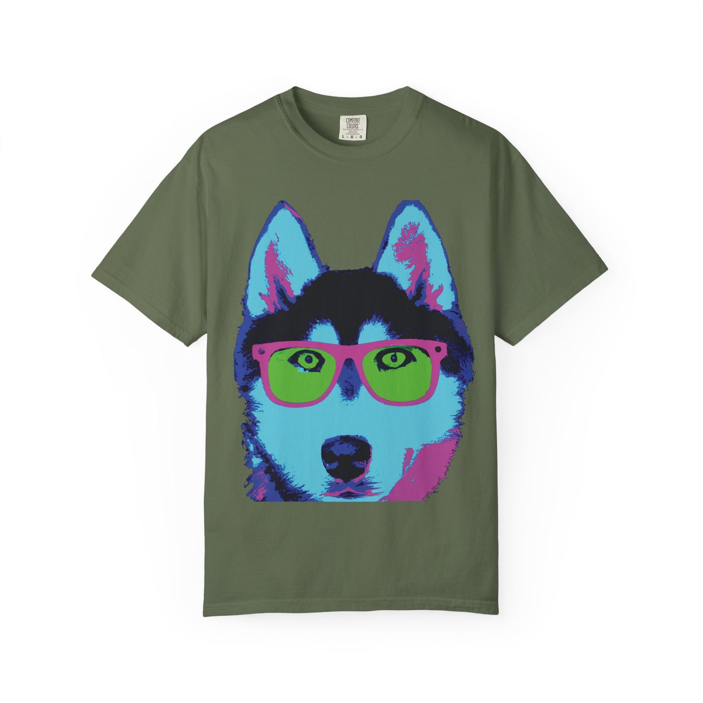Pop Art Husky T-Shirt — Colorful Dog Face with Sunglasses, Back 'PLURout.com' Graphic