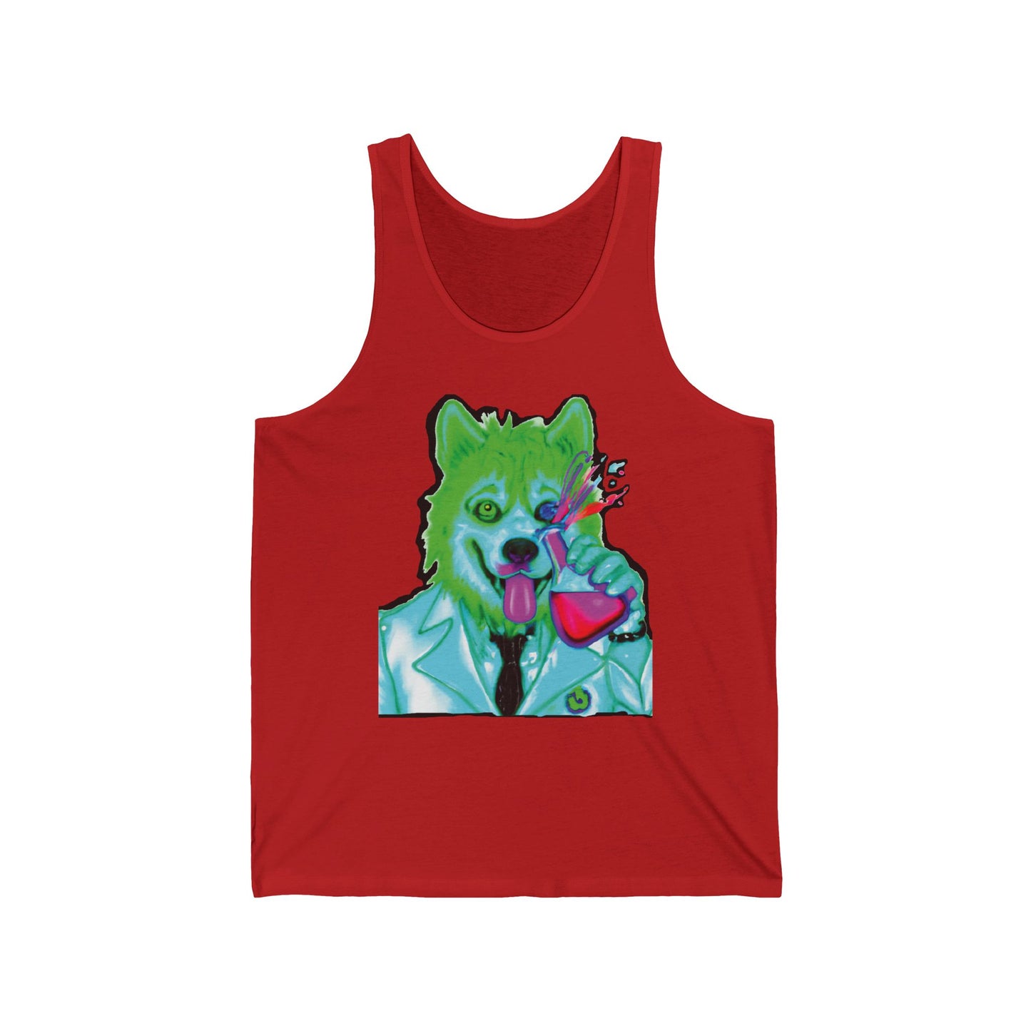 Neon Canine Scientist Tank Top — Vibrant Dog in Lab Coat Graphic Tank