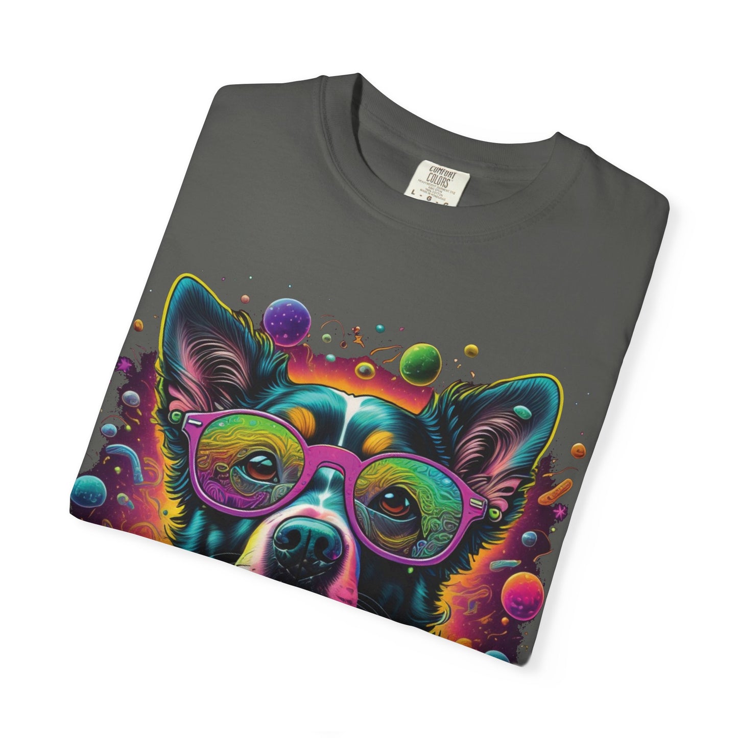 Psychedelic Dog Graphic T-Shirt — Vibrant Neon Pup Art Tee