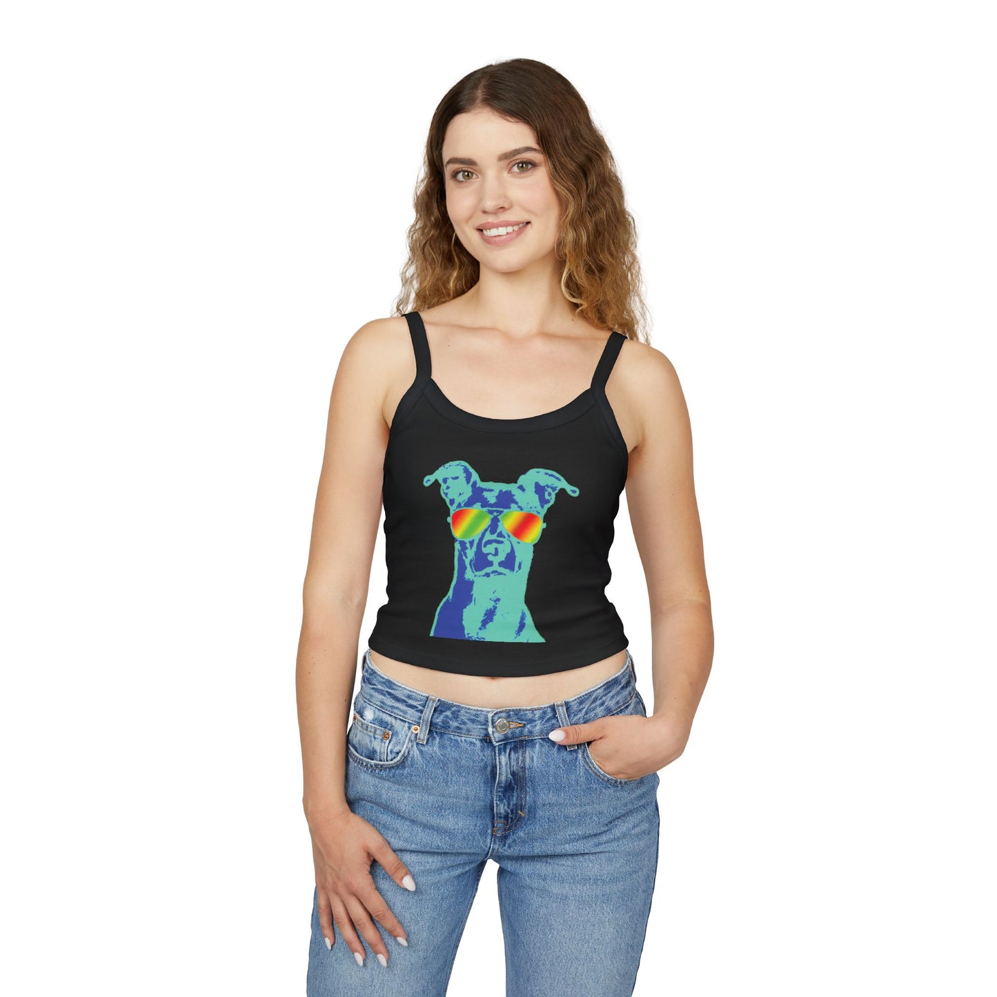 Dog Sunglasses Crop Tank Top — Colorful Summer Pup Graphic