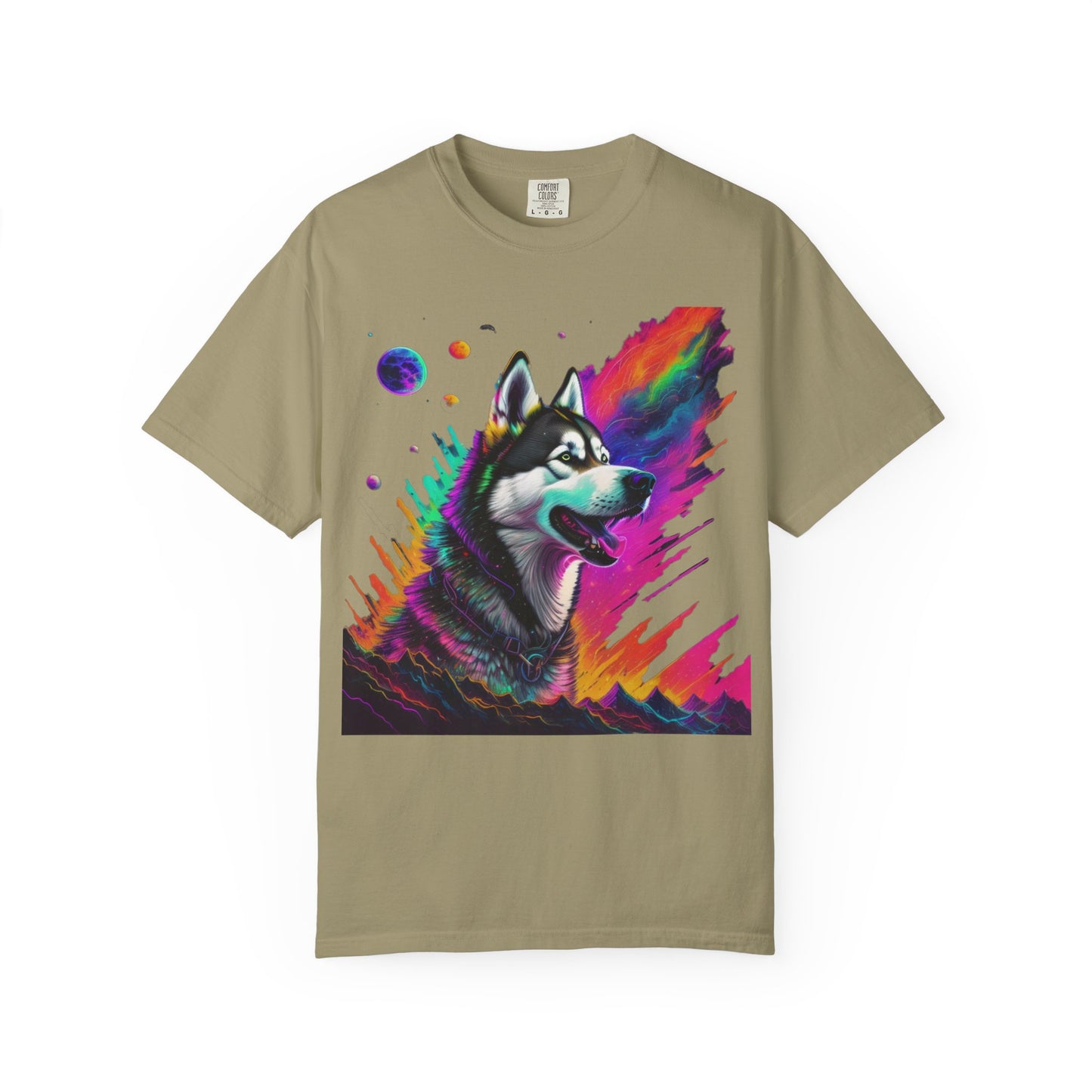 Husky Nebula T-Shirt — Colorful Cosmic Dog Art Tee