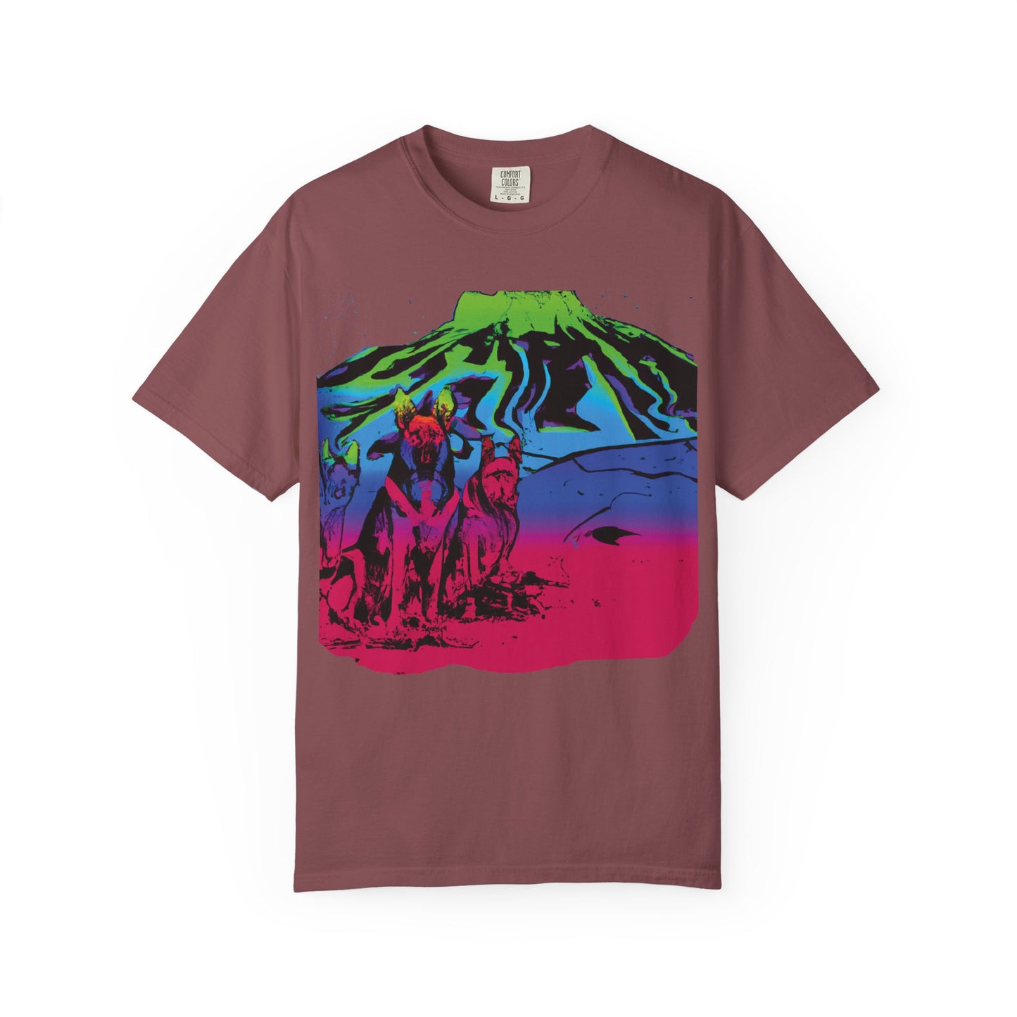 Psychedelic Volcano Dogs T-Shirt — Neon Mountain Graphic Tee