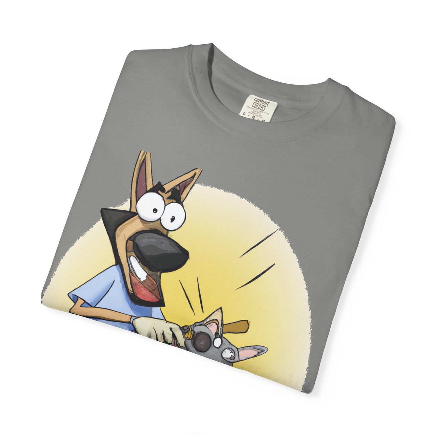 Funny Vet Dog T-Shirt — Cartoon Dog Grooming with 'PLuROUT.com' Back Print