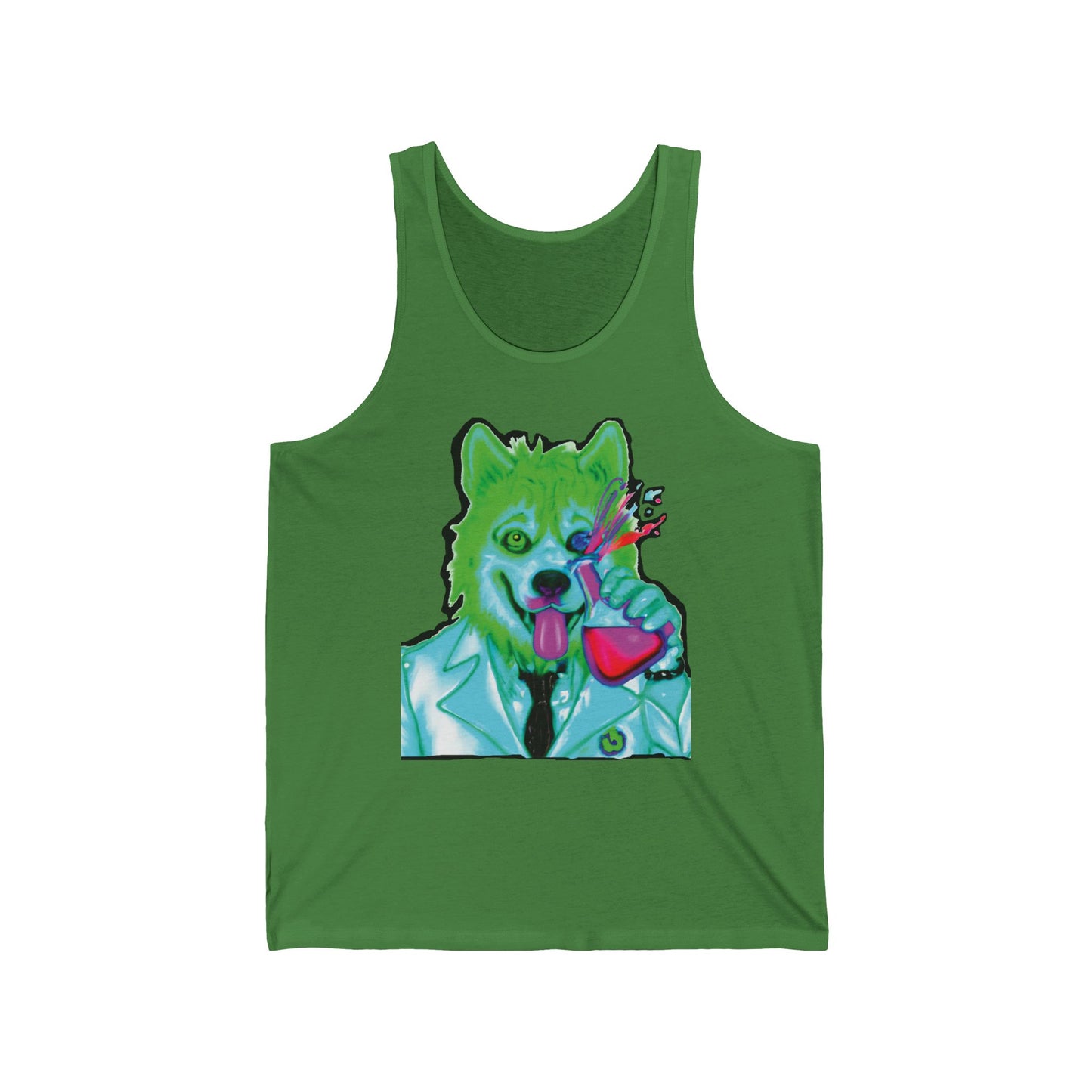 Neon Canine Scientist Tank Top — Vibrant Dog in Lab Coat Graphic Tank